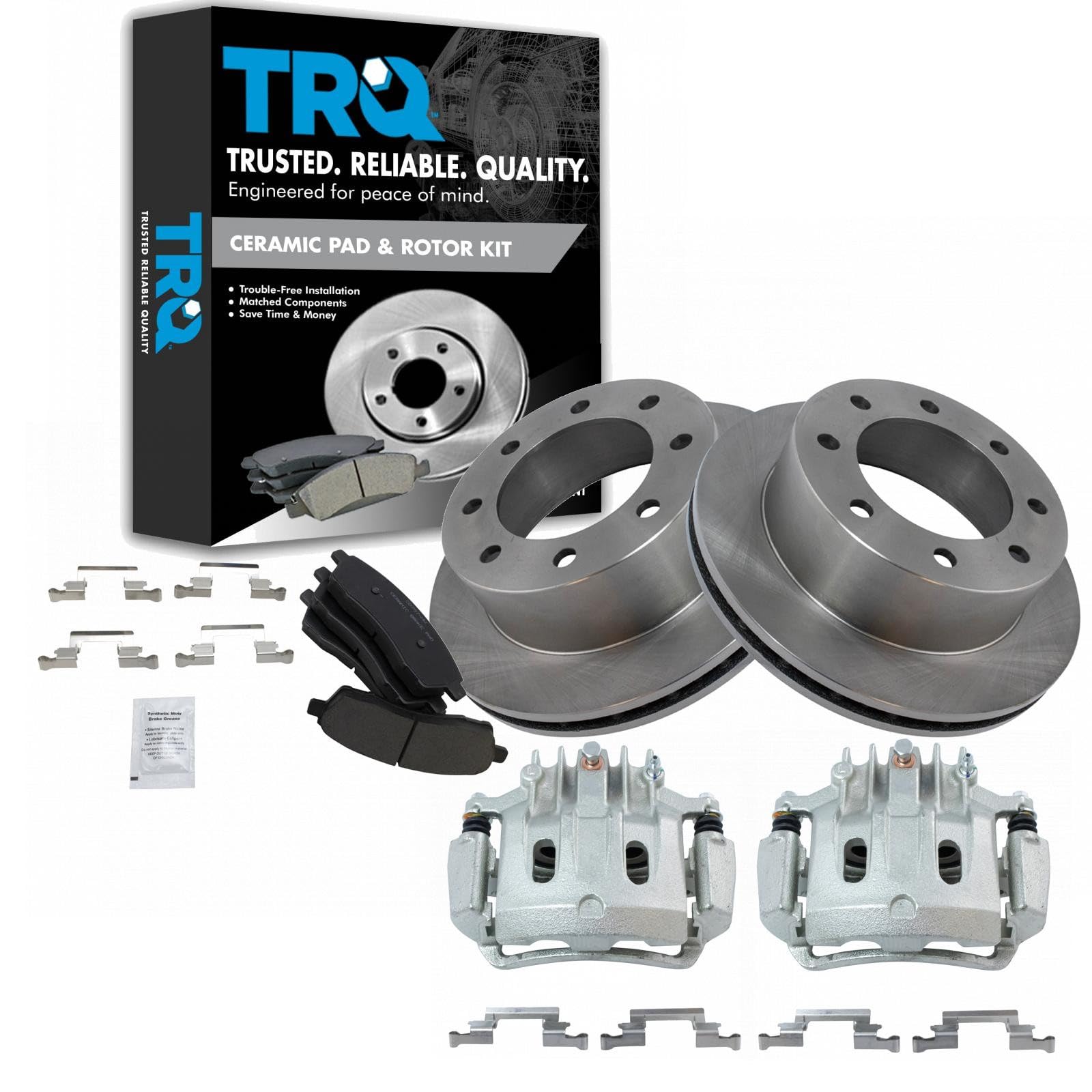 TRQ Rear Brake Pad, Caliper, &amp; Rotor Kit Ceramic Compatible with 2000-2005 Ford Excursion 2000-2004 F-250 Super Duty F-350 Super Duty