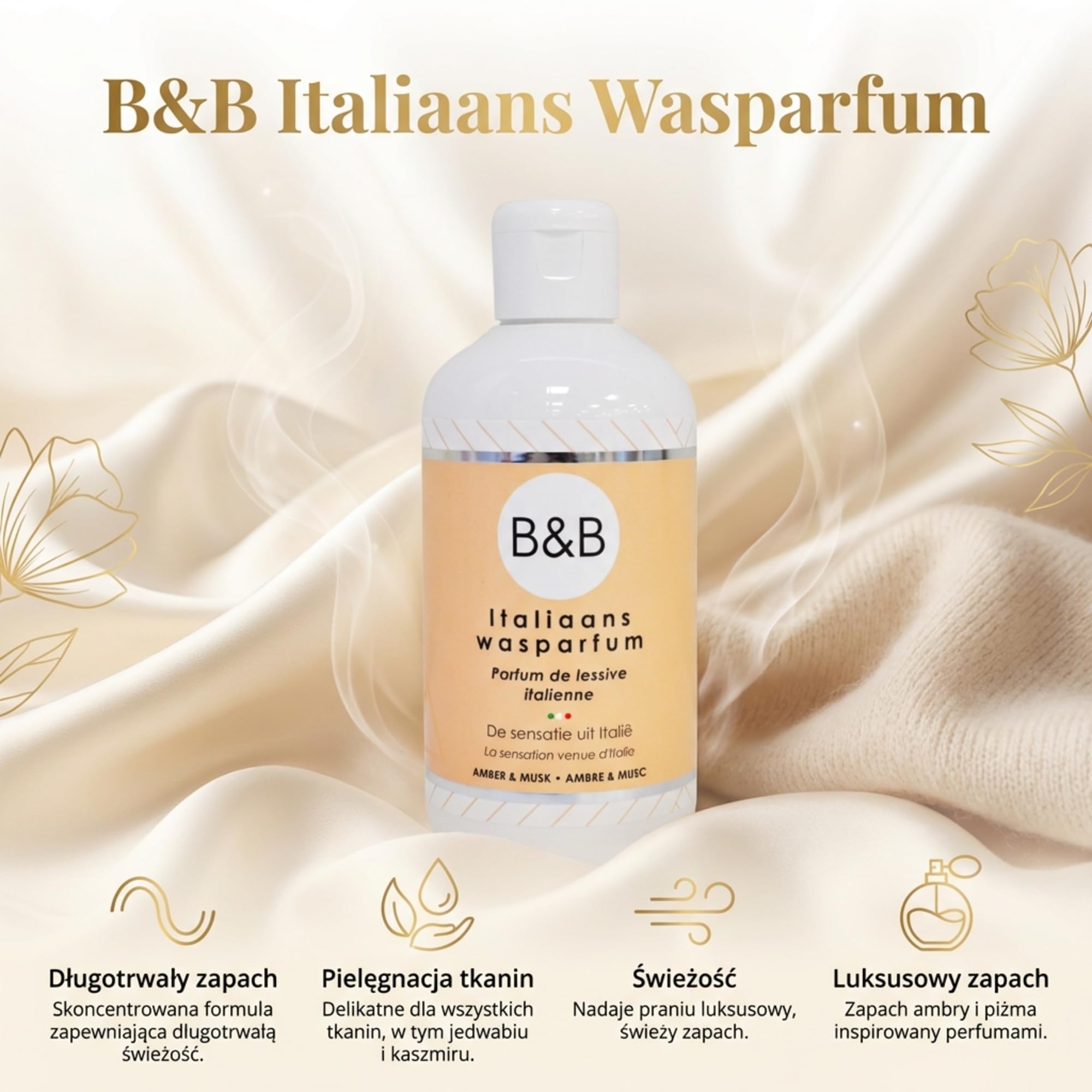 B&B Włoski Perfum do Prania Ambra i Piżmo – Trwały Zapach Tkanin i Wzmacniacz Aromatu do Prania, Ciepły Elegancki Zapach Ambry i Piżma, 250 ml (Do 25 Prań)