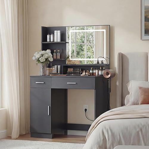 Miniatura 10 de Escritorio de tocador con espejo LED y luces, juego de tocador de maquillaje con silla, toma de corriente, cajones, gabinete, tocador con estantes