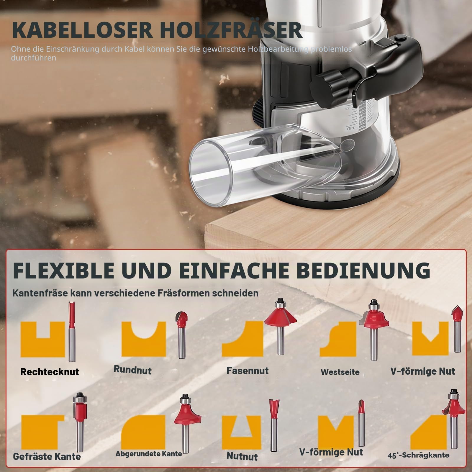 Bürstenloser kabelloser Power-Router kompatibel mit Milwaukee M18 18 V Akku, Kantenschneider Trimmer mit 6 Geschwindigkeiten, 800 W, 30000 U/min, Palm Router mit Trimmfräser-Bits, Kanten- und