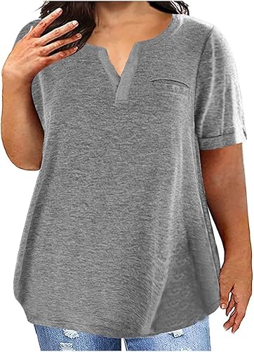 Camiseta de manga corta con cuello en V para mujer, talla grande, para verano, casual, holgada, color liso, blusas