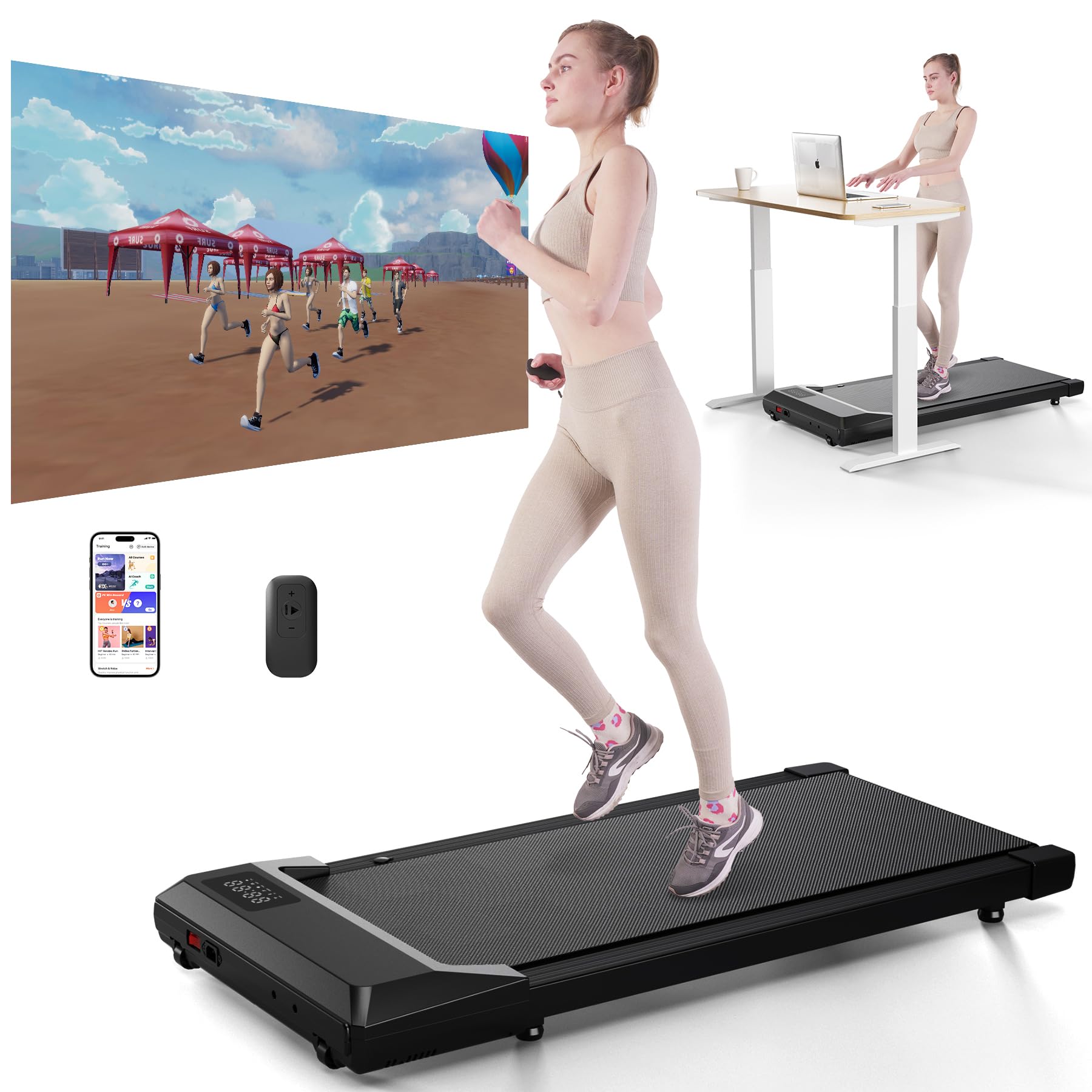 SupeRun Walking Pad, Under Desk Treadmill, 3 in 1 Portable Treadmill with Remote Control LED Display, 2.5 HP Quiet Walking Jogging Machine for Office Home Use, 300 Lbs Capacity(grey)