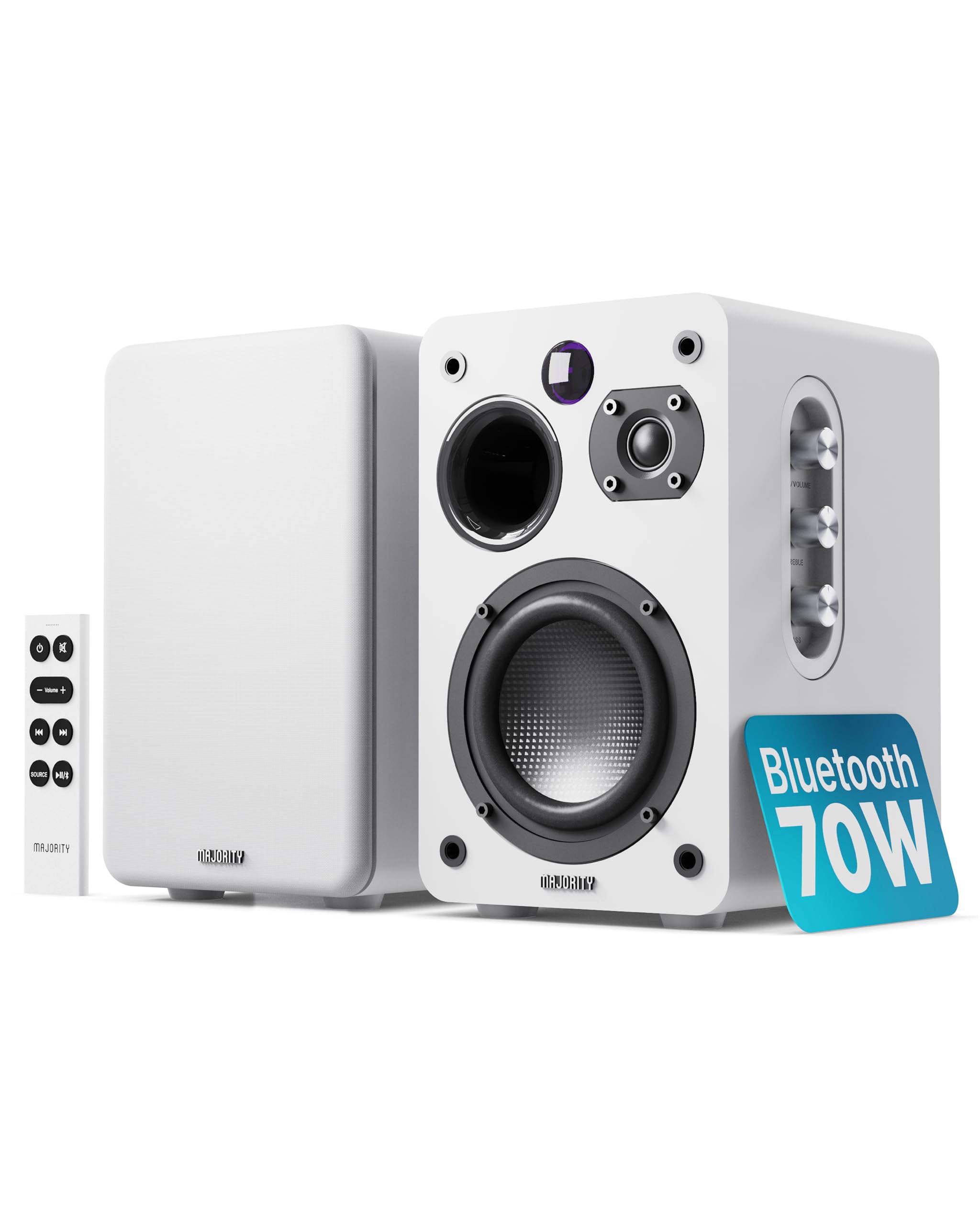 MAJORITY D70X Altavoces Autoamplificados Bluetooth | 70W 2.0 Monitores de Estudio con Conos Fibra de Carbono | Altavoz HiFi con HDMI ARC | Altavoces Activos Mando a Distancia con EQ (Blanco)