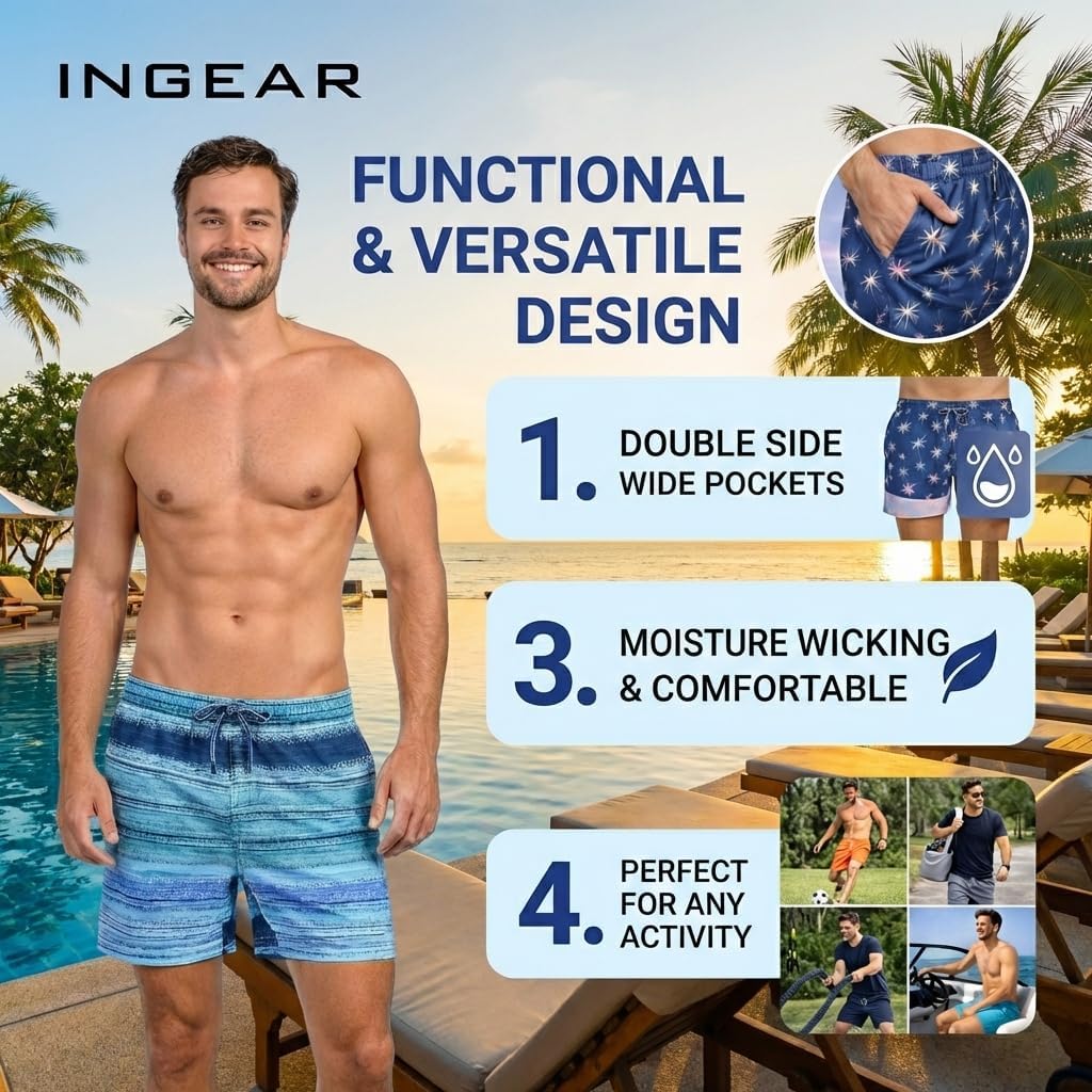 INGEAR Men's Athletic Stretch Workout Shorts Gym Quick Dry Running Trunks Boxer Lining