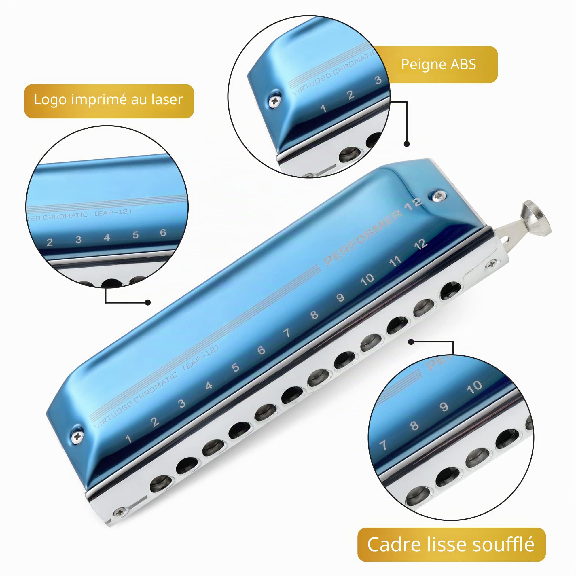 Clé d'harmonica chromatique East Top Upgrade de C, Harmonica professionnelle 12 trous 48 tons pour adultes, étudiants et amateurs d'harmonica avec couvercle bleu (EAP-12)
