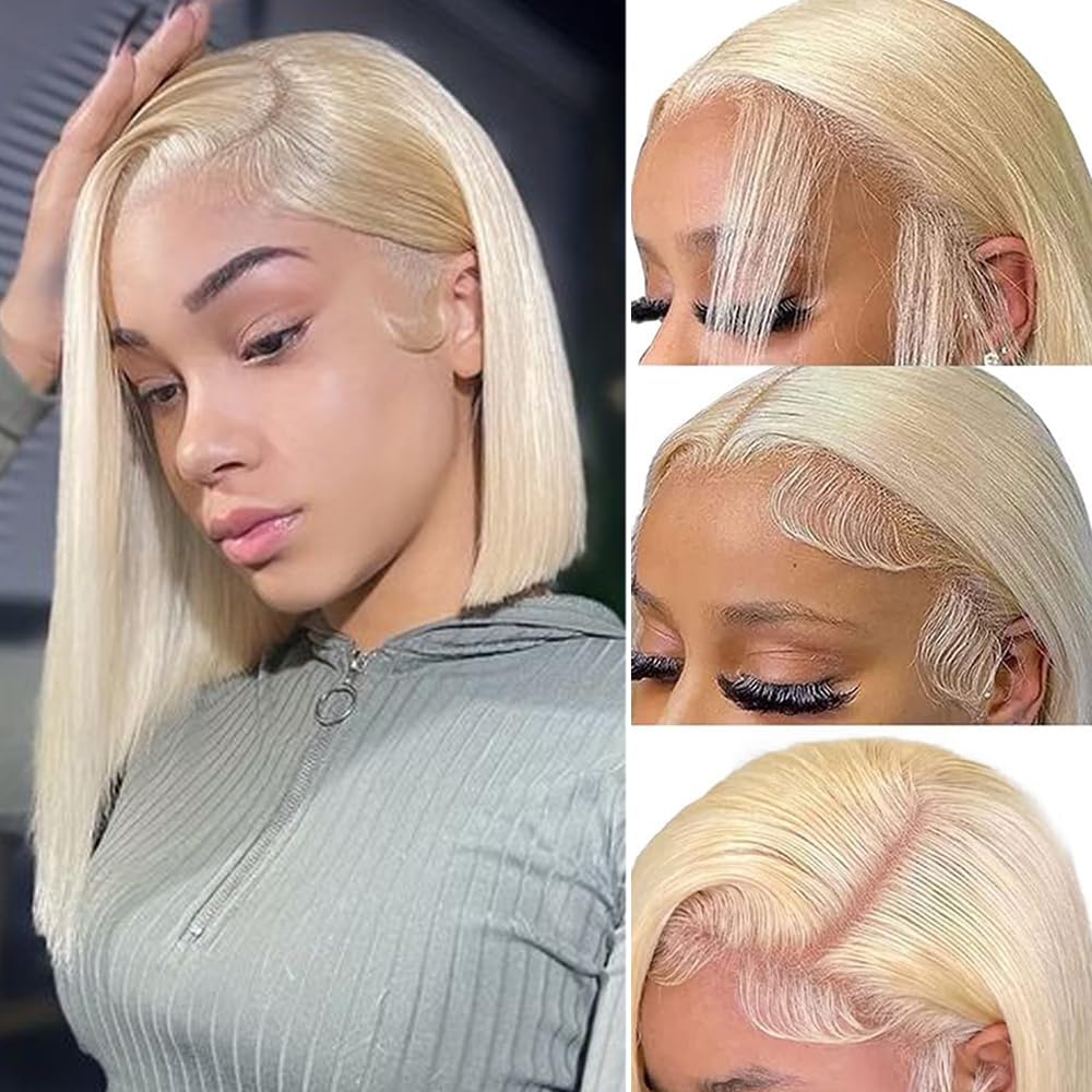 Blonde Bob Wig Human Hair 180% Density 613 Straight 12 Inch Short Bob Wigs 13x6 HD Transparent Lace Front Wigs Human Hair Pre Plucked With Baby Hair