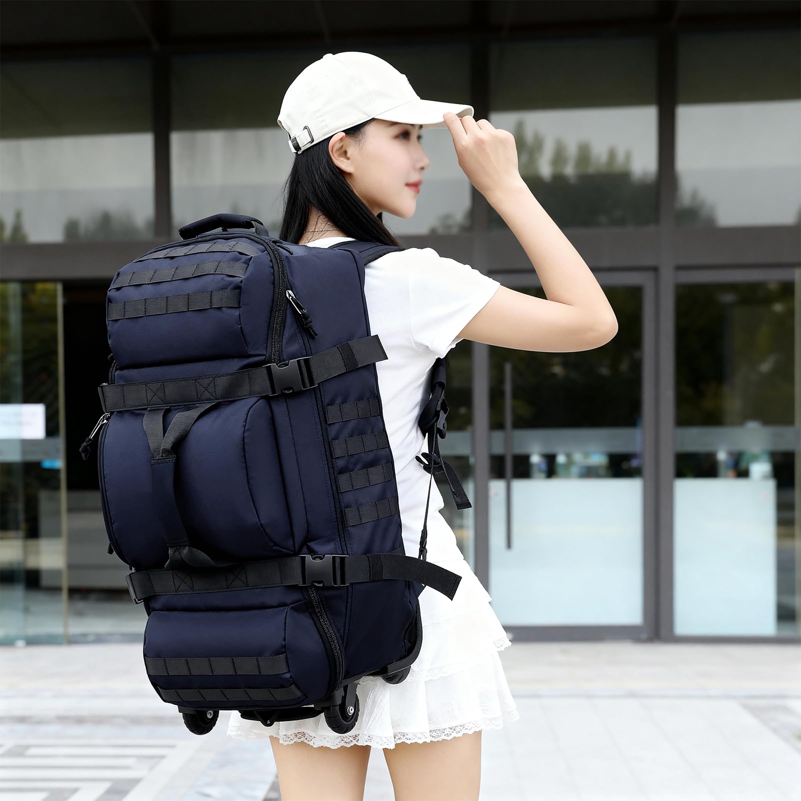 Bolsa De Viaje con Ruedas 80L Plegable Grande Bolsa Mochila Deportiva Impermeable Blanda Deportes Maleta con Compartimento Correas para Gimnasio Camping Y Almacenaje (Azul)