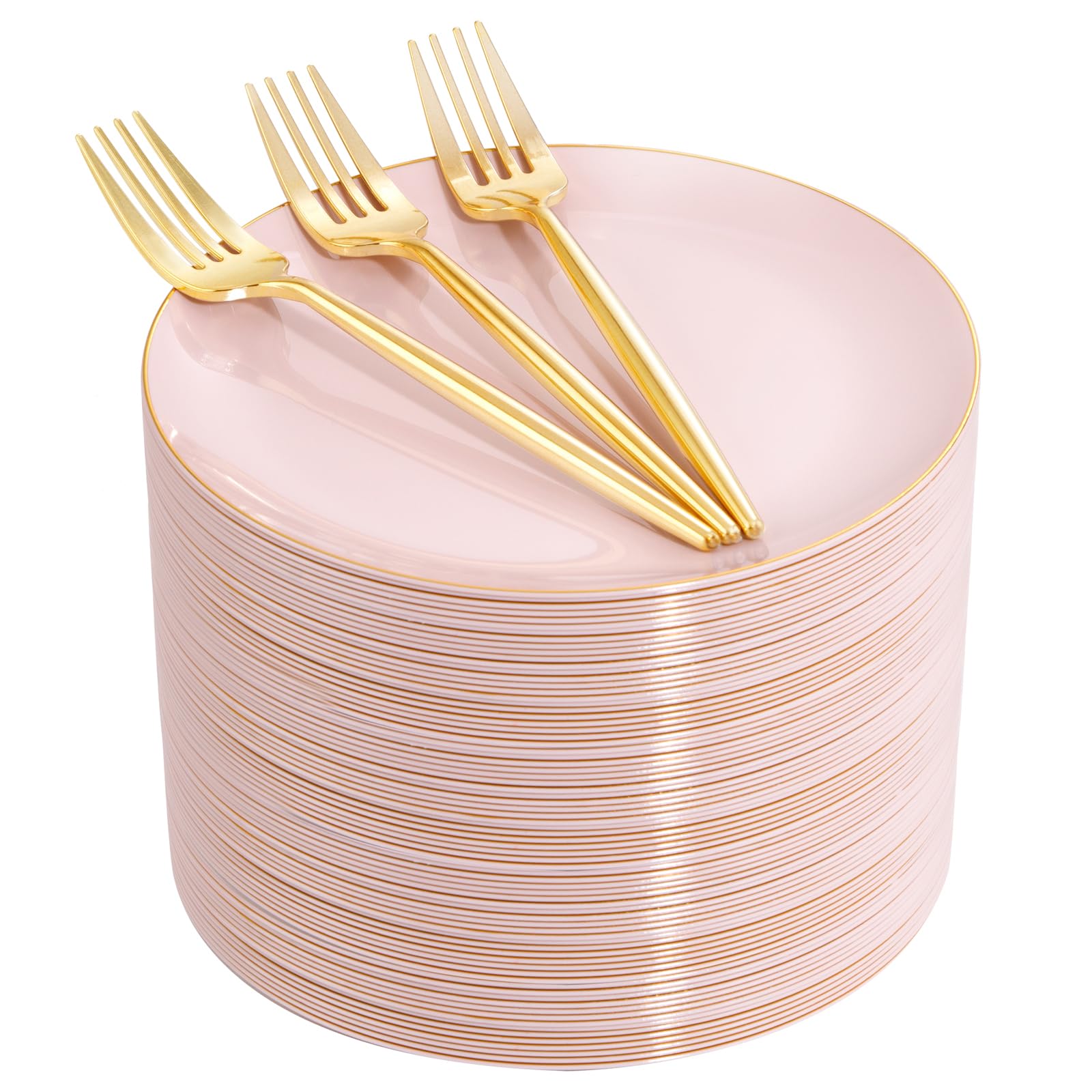Rubtlamp 200Pcs Plastic Pink Dessert Plates with Disposable Gold Forks,Heavy Duty Pink Disposable Salad Platos,Gold Small Platos,Fancy Appetizer Plates for Mother's Day