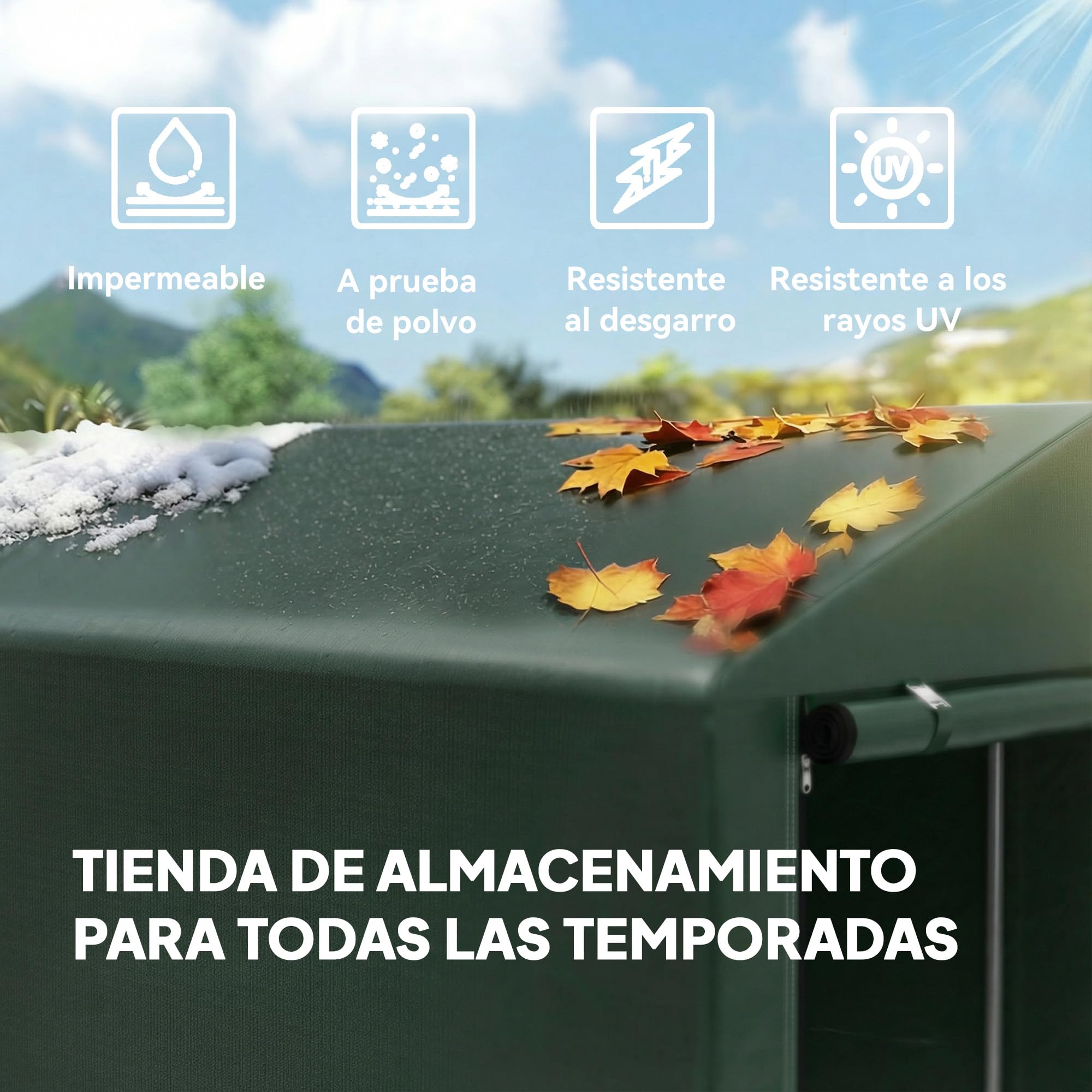 Outsunny Carpa de Jardín Exterior para Herramientas Bicicletas 1,2x1,8x1,65 m, Cobertizo Exterior con 2 Habitaciones, Puerta Enrollable con Cremallera, Impermeable Anti-UV, Garaje Portátil, Verde - 3