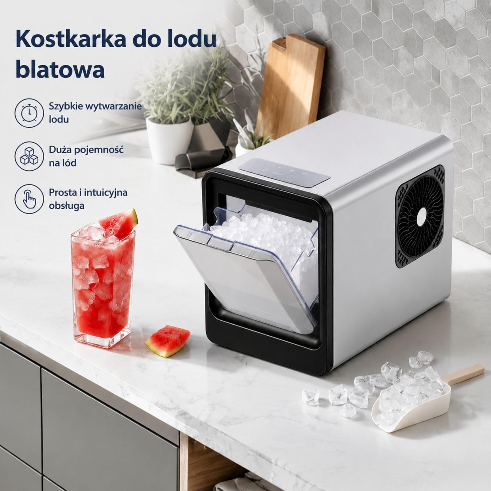 Stołowa kostkarka do lodu, wydajność 15 kg dziennie, kostki do żucia, zbiornik wody 0,8 l, obudowa ze stali nierdzewnej, samoczyszczenie, łopatka, do domu, kuchni, biura i baru