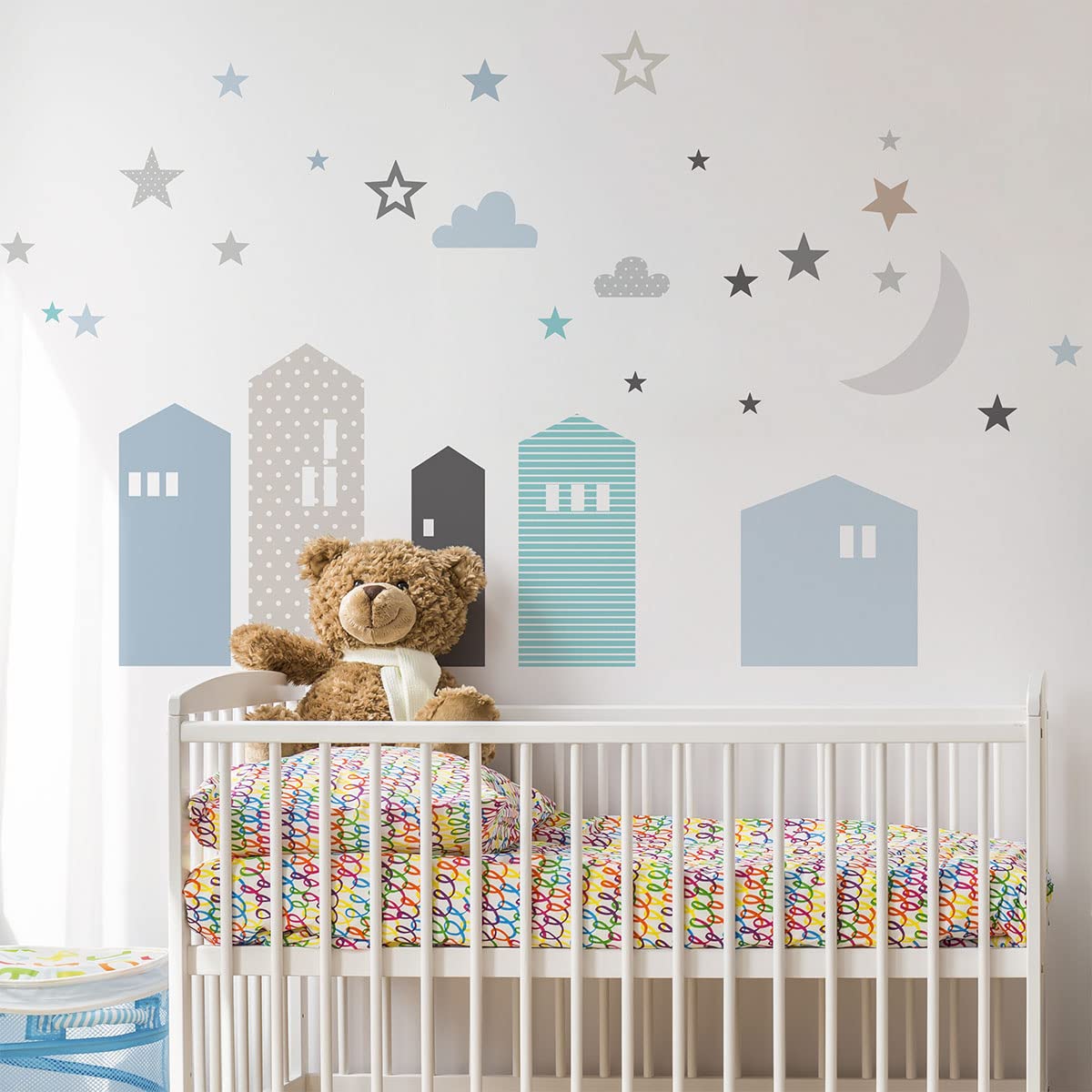Stickers muraux enfants - Decoration chambre bébé - Stickers muraux enfant - Sticker mural scandinave - Autocollant mural géant ville à la tombée de la nuit - H120 x L180 cm