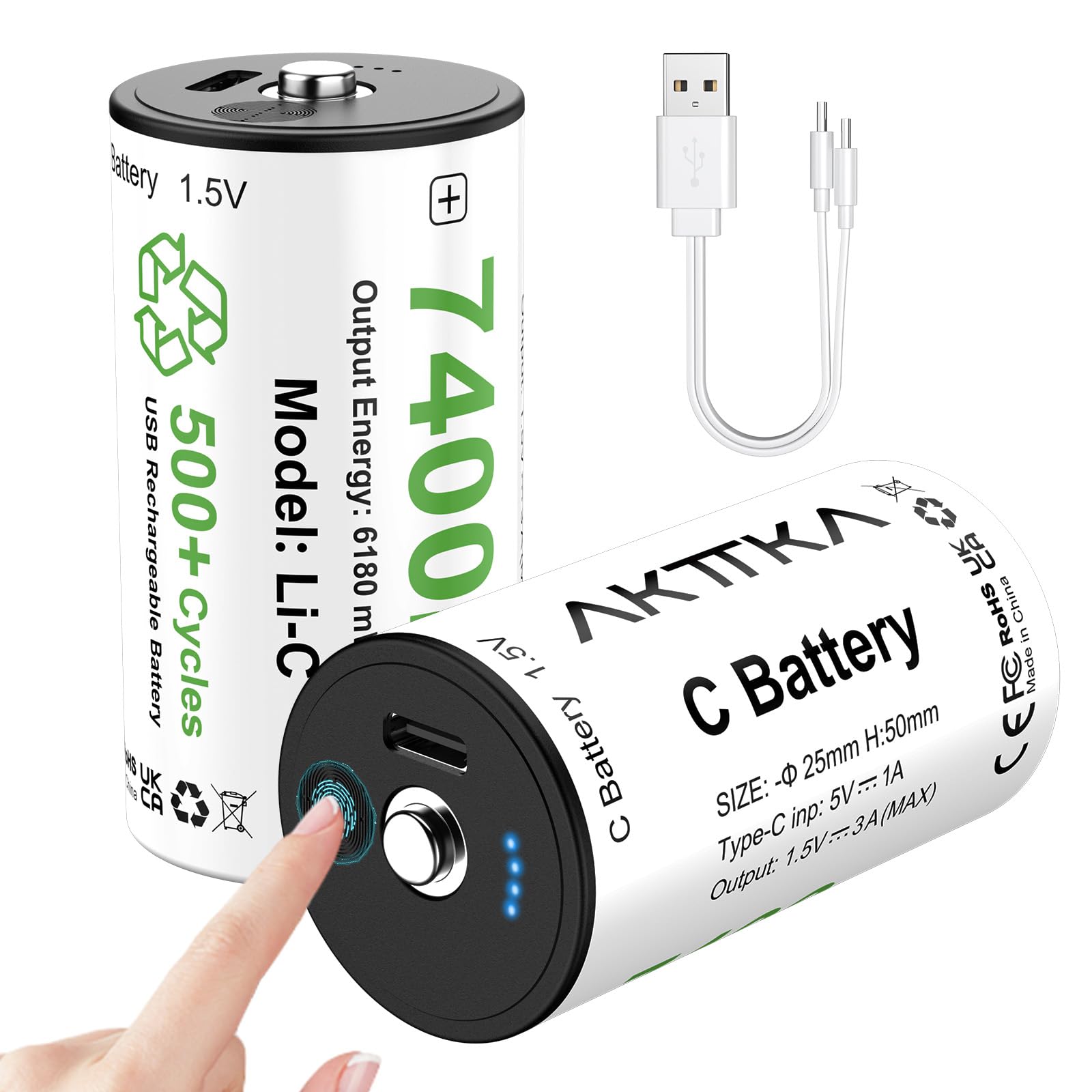 Paquete de 2 Pilas Recargables C de 7400 mWh de Ion de Litio C de 1,5 V, con Cable de Carga USB-C 2 en 1, indicador de Nivel de batería táctil, para Linterna, Reproductor de CD, lámpara de