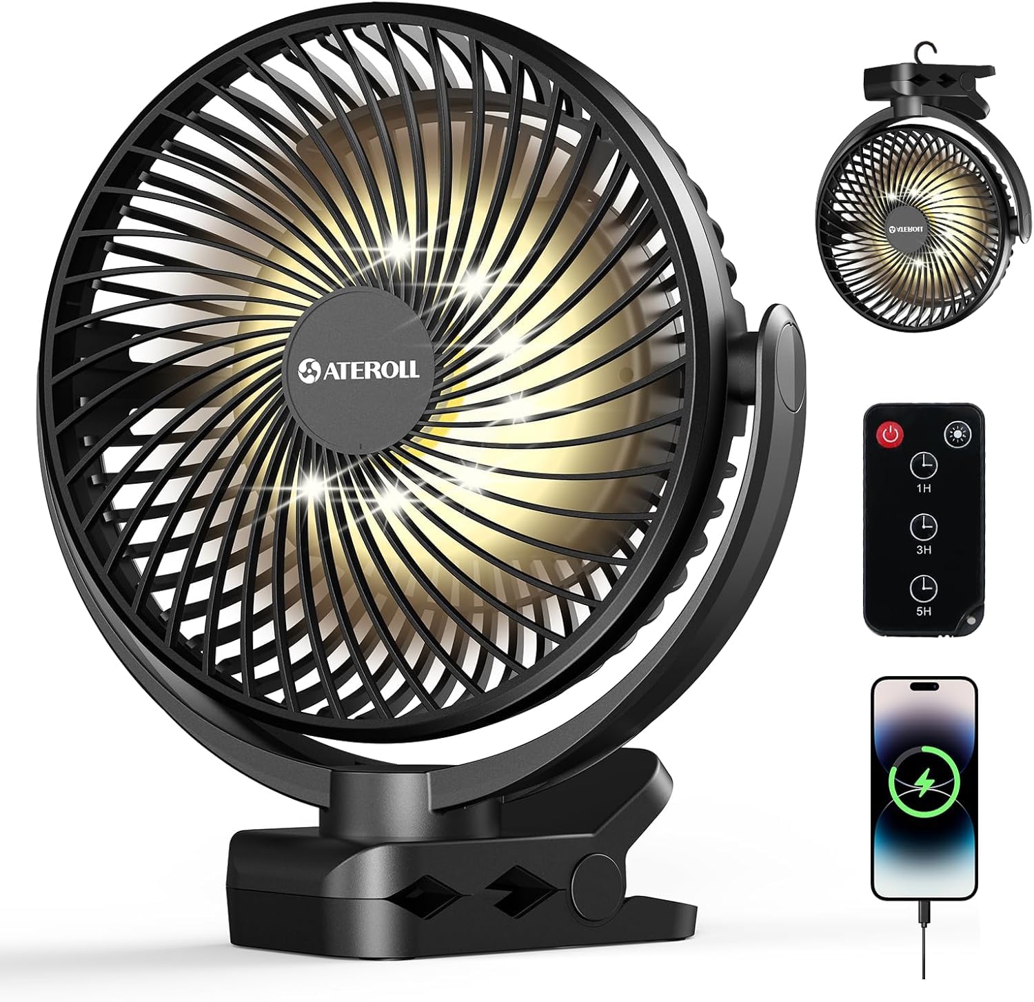 Ateroll 10000mAh Clip Ventilator mit Fernbedienung, 20CM 3 Geschwindigkeiten USB Ventilator Akku mit Timer&LED-Lichtern,360° drehbarer batteriebetriebener Tischventilator für Zuhause,Büro und Camping