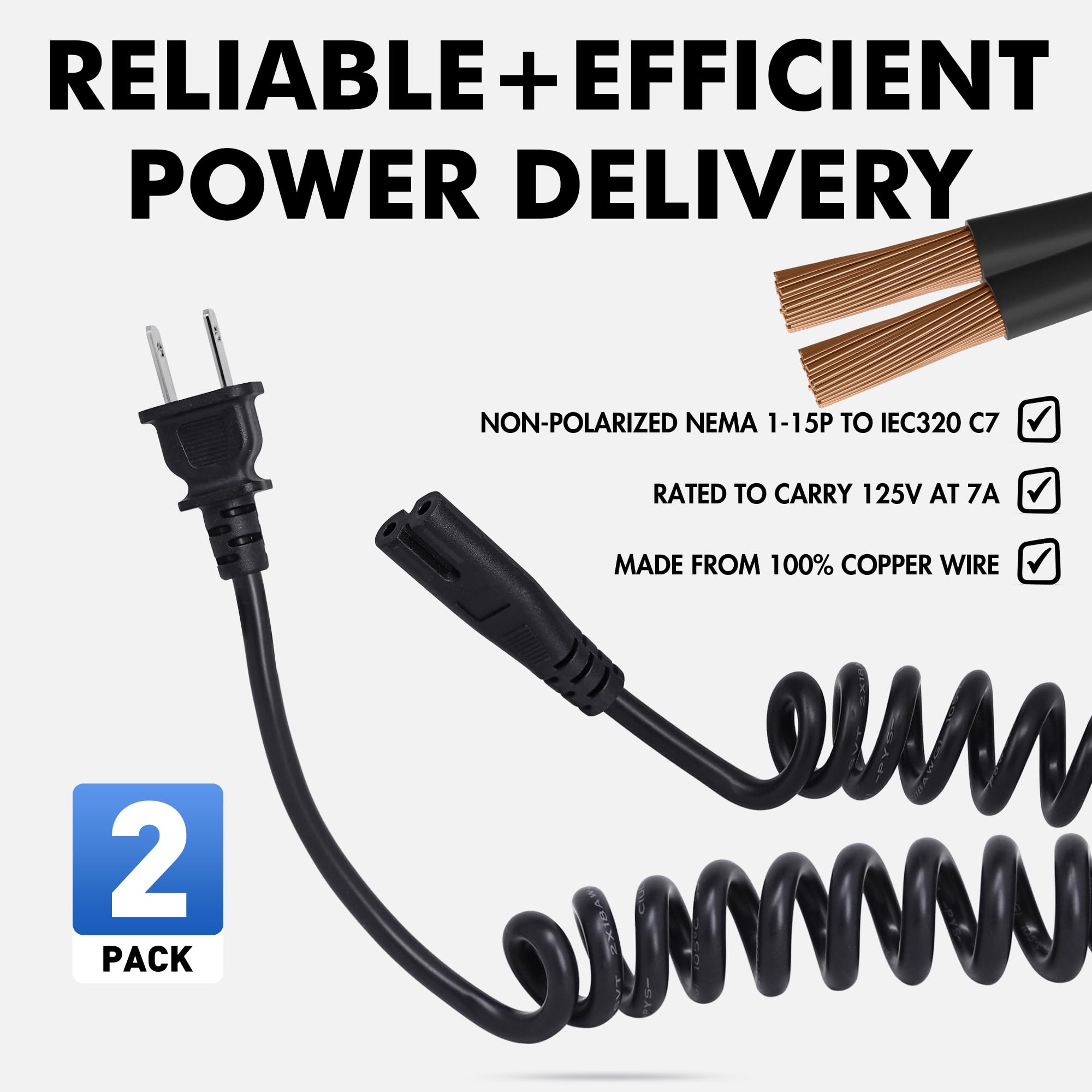 POWERCORDS - Paquete de 2 cables de alimentación de CA en espiral de 2 clavijas de 6.5 pies, en espiral con figura 8 cable de alimentación compatible con Samsung LG Sony Insignia Toshiba Hisense PS5,