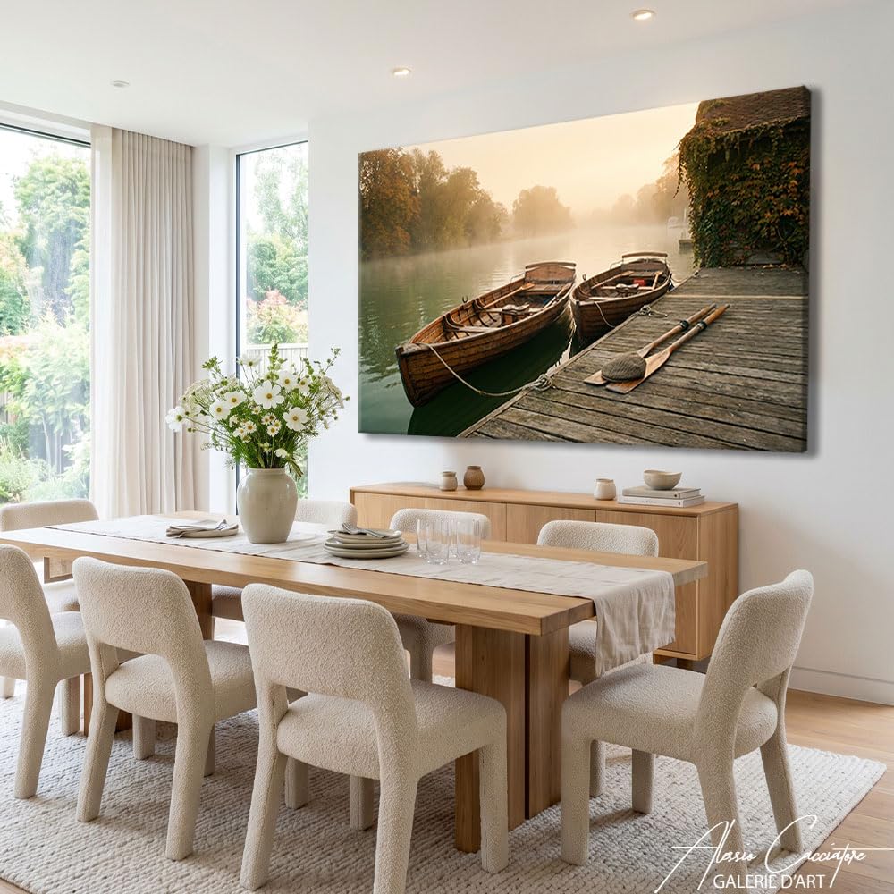 Alessio Cacciatore Quadro con foresta nebbiosa, poster decorativo da parete, barca, stampa su tela, paesaggio naturale, dipinto lago, decorazione da parete, tela decorativa, grande formato, 120 x 80