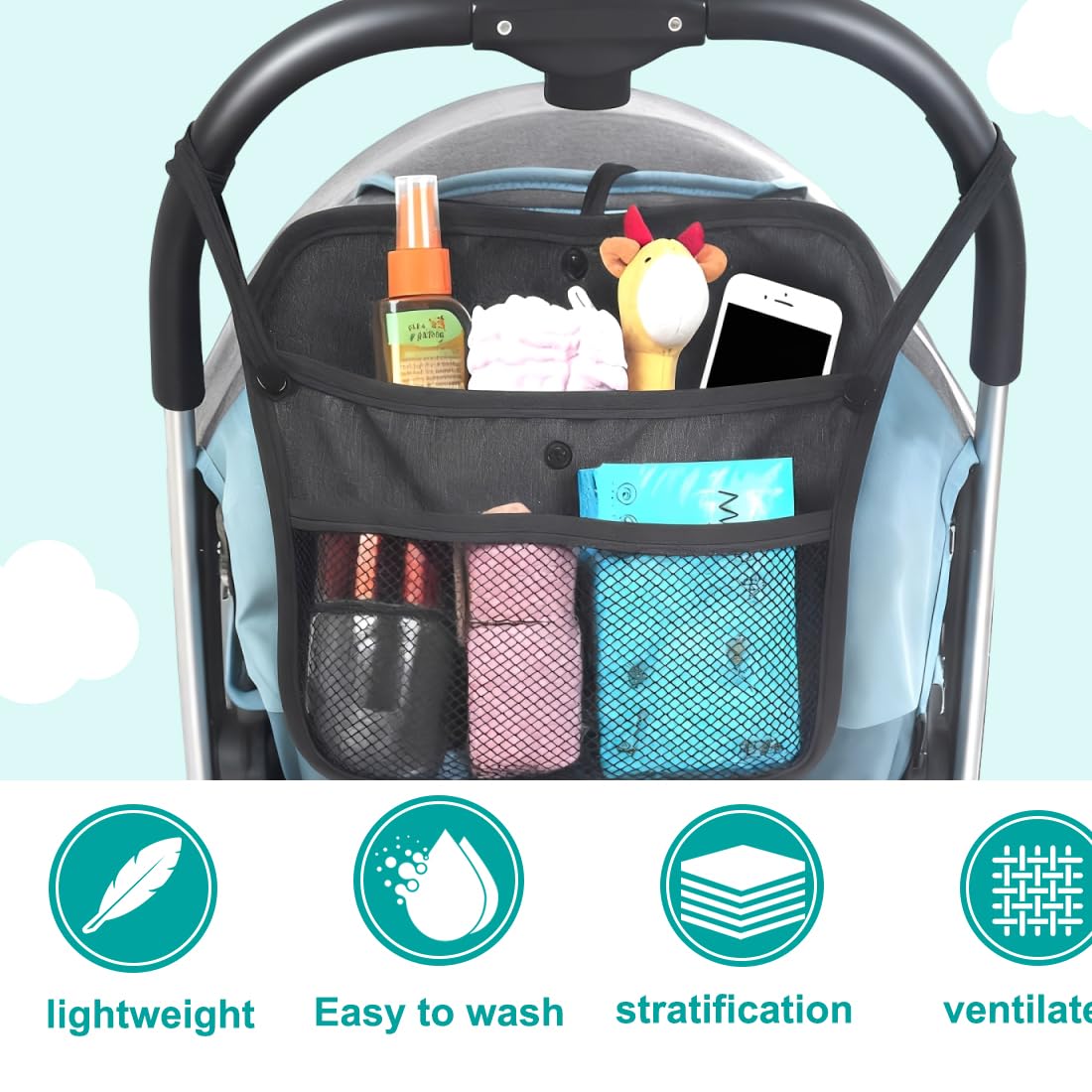 Organizer Universale per Passeggino Borsa Multiuso per Carrozzina Rete Portaoggetti per Passeggini Borsa per Spesa Organizer per Carrozzina (33 x 30 cm, Nero)
