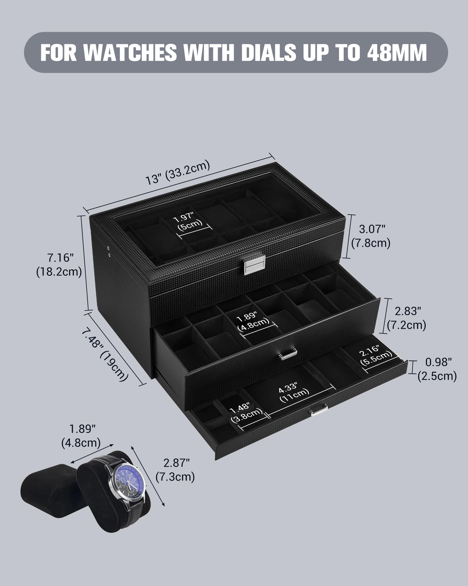 Lolalet Caja para Relojes con 24 Ranuras, 3 Niveles -Negro Puro
