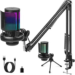 Latdya Microfone USB Gaming PC, Microfone Gamer, Braço Articulado Microfone, Microphone Condensador de Mesa/Braço, Suporte para Microfone, Kit de Microfone para Computador