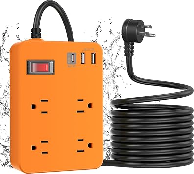 Outdoor Power Strip Weatherproof,Fast Charging Station 20W USB C,Waterproof Surge Protector 4 Outlets, Multi Outlet Extension for Camping, Garden, Kitchen,Bathroom,Flat Plug Orange, 25 FT Cable