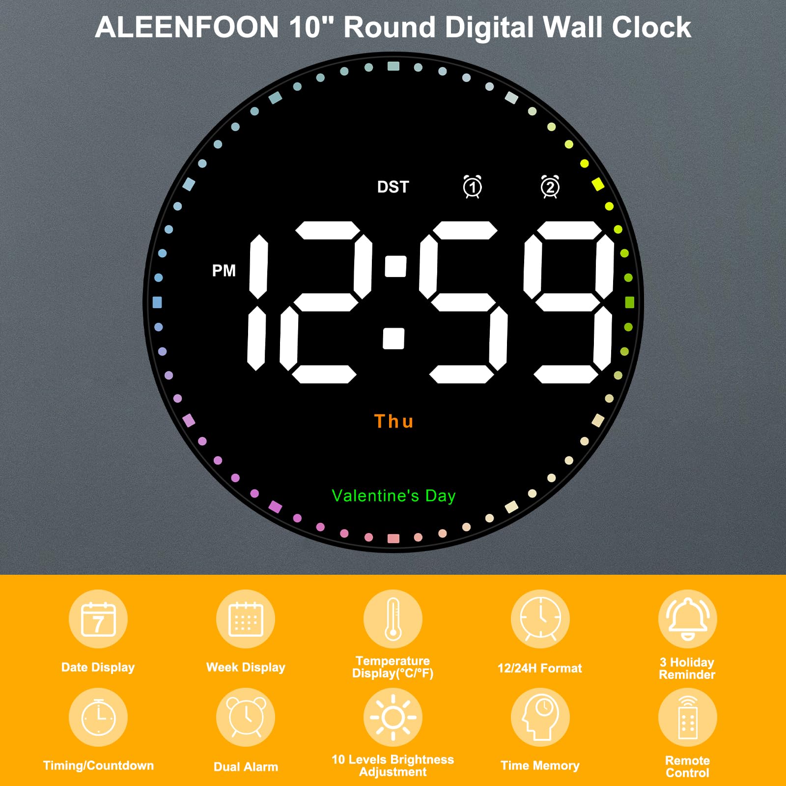 Orologio da parete digitale rotondo grande da 10" con telecomando, orologio digitale con 2 allarmi/temperatura/data/ora/festival/luminosità regolabile/conto alla rovescia per casa, palestra