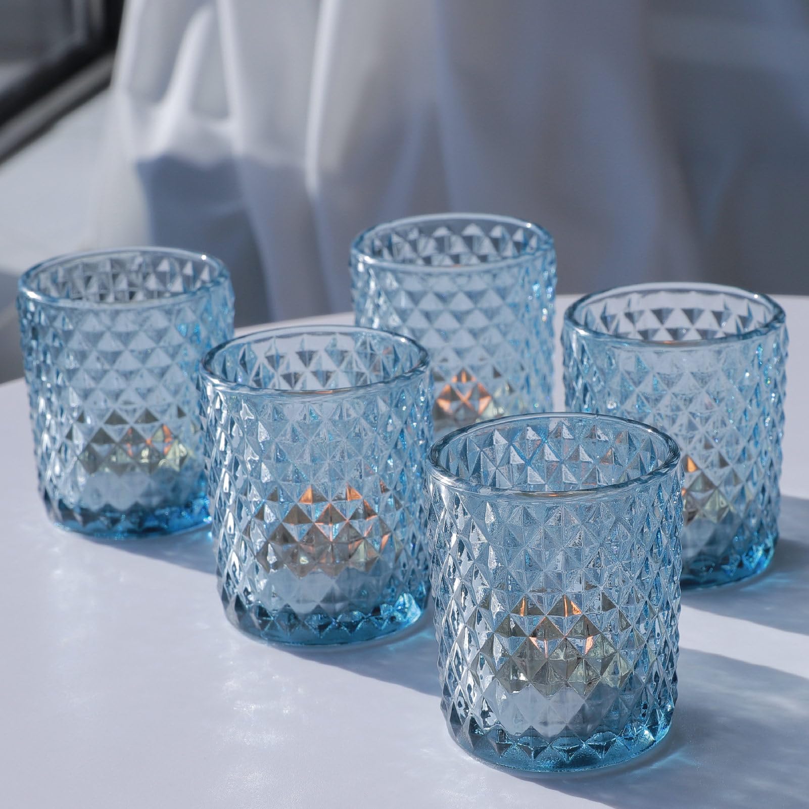 12 bicchieri da tè in vetro blu per matrimoni, decorazione da tavolo, portacandele in vetro per festa di compleanno, per decorazione della casa