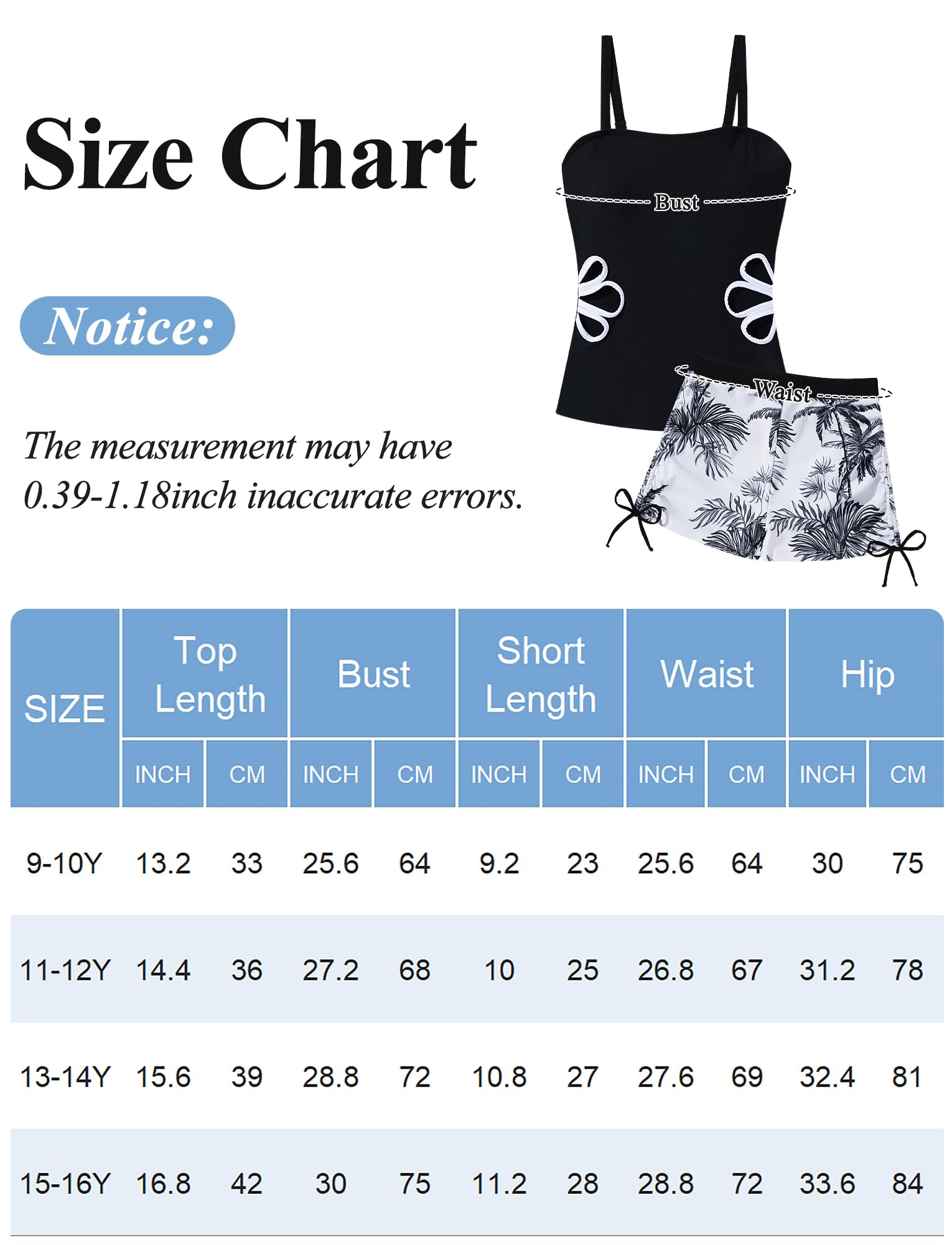 SEAUR Traje de baño tankini de 2 piezas para niñas, recortado, floral, traje de baño para niñas, traje de baño acolchado con pantalones cortos, verano 9-16 años