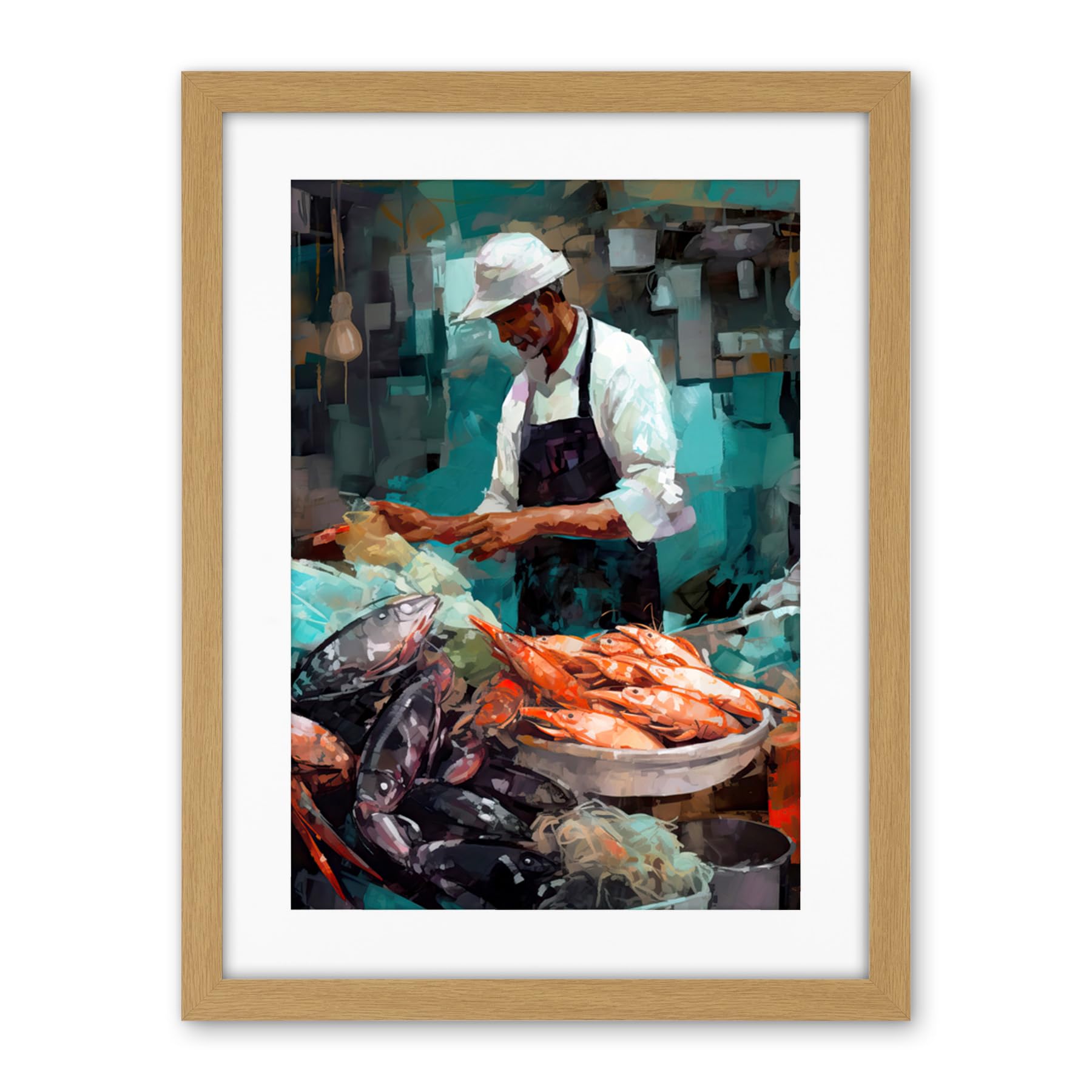 Artery8 Market Fishmonger Selling Fresh Catch Seafood Artwork Framed Wall Art Print 18X24 Inch