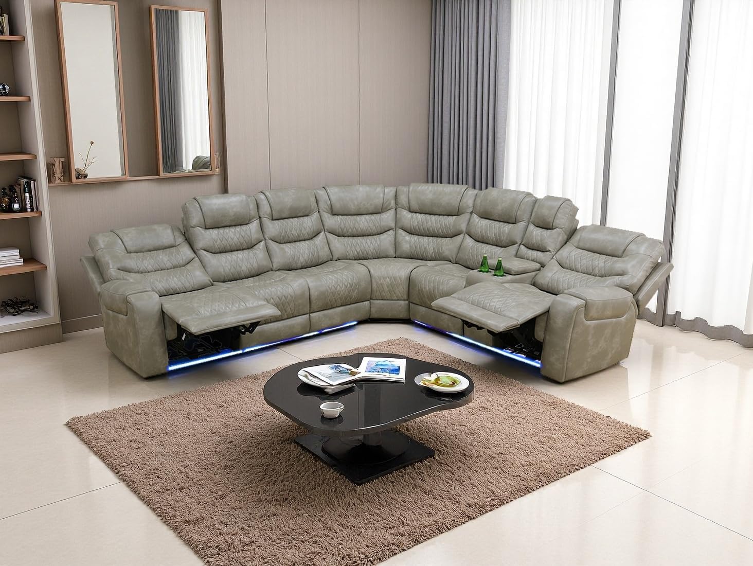 Living Room Furniture Set Breathing Leather Diamond-Shaped Pattern Power Reclining Sectional Sofa Set with Cup Holders/Storage Console/LED Light/UPS Port for Living Room, Office (Brown)
