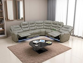 Power Reclining Sectional Sofa Set, Grey Breathing Leather Living Room Furniture Sets with Cup Holders/Storage Console/LED Light/UPS Port for Living Room,Office,RV Car