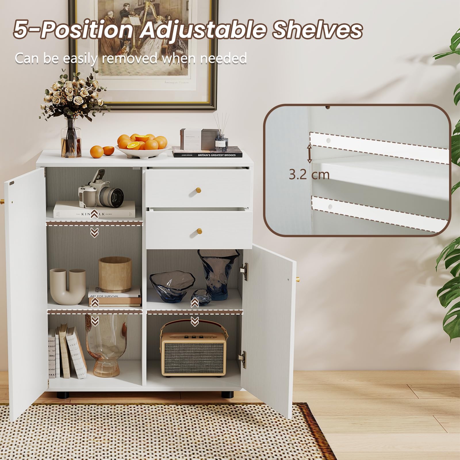 KOMFOTTEU Mobile Dispensa con 2 Cassetti, Credenza da Cucina con 2 Ante, Mobiletto Basso con 3 Ripiani Regolabili, Armadio a Buffet per Sala da Pranzo, Soggiorno, 74x35x85,5 cm(L x P x A) (Bianco)