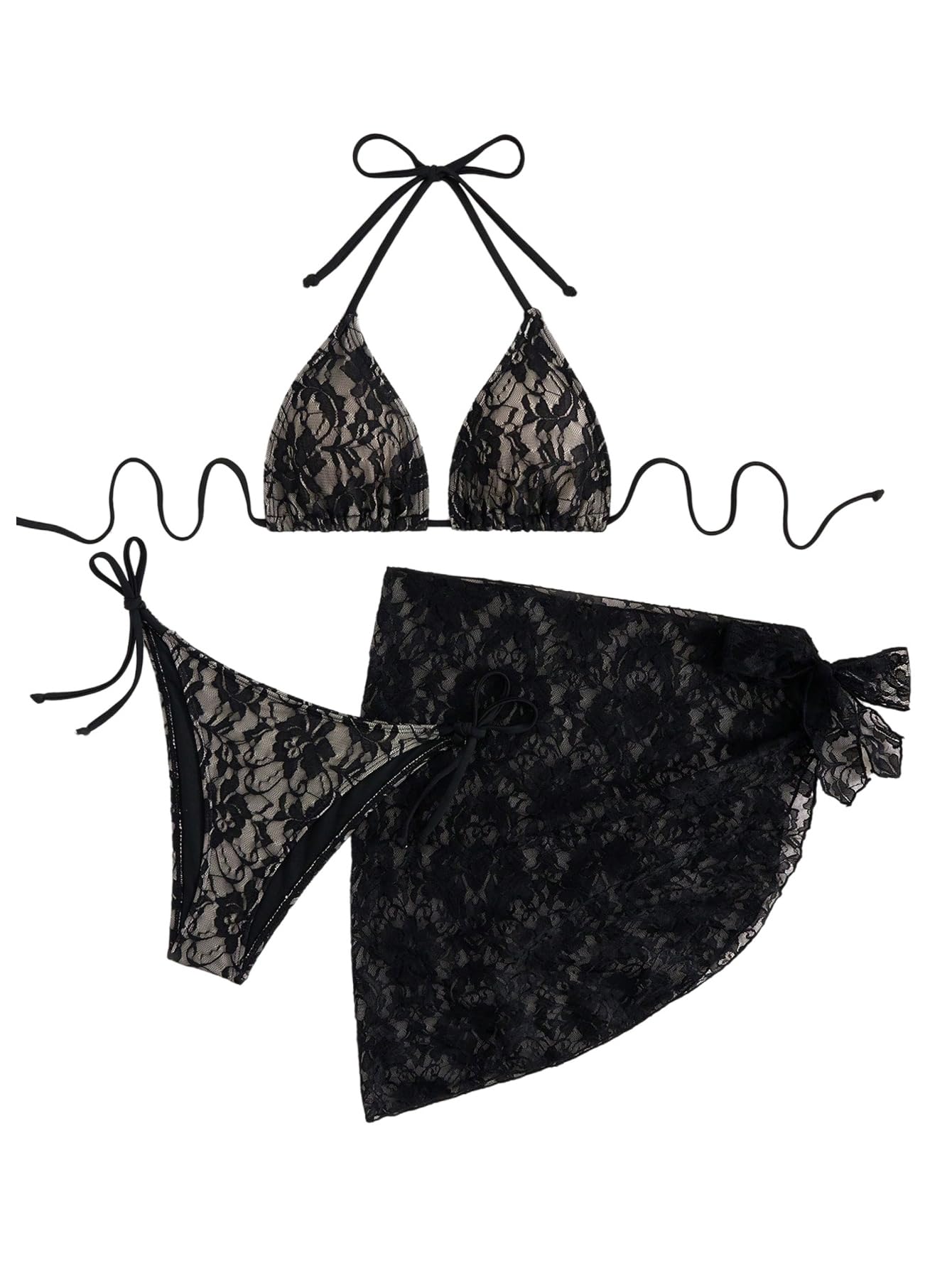 Women's 3 Piece Lace Swimsuits Triangle String Thong Bikini Set with Coverup Sarong