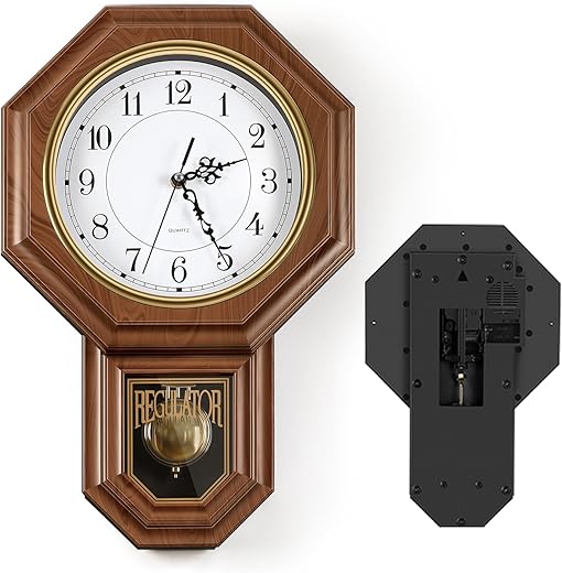 Sunexinlo Pendulum Wall Clocks Battery Operated,Regulator wall Clock with Pendulum,Vintage Decorative Grandfather Clock for Living Room,Bedroom,Kitchen,Office,Brown 11.8x17.7in