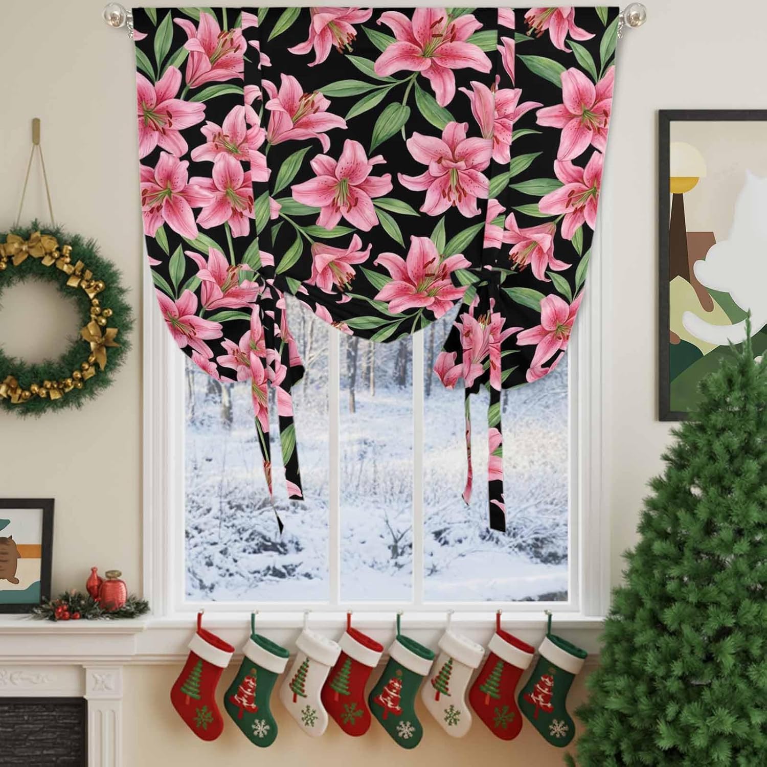 Pink Flowers Tie Up Curtains for Windows 63 Inch Length Balloon Curtains Kitchen Adjustable Balloon Window Shade Spring Floral Elegant Pastoral Botanical Tie Up Valance Bathroom Curtain Window 52"x63"