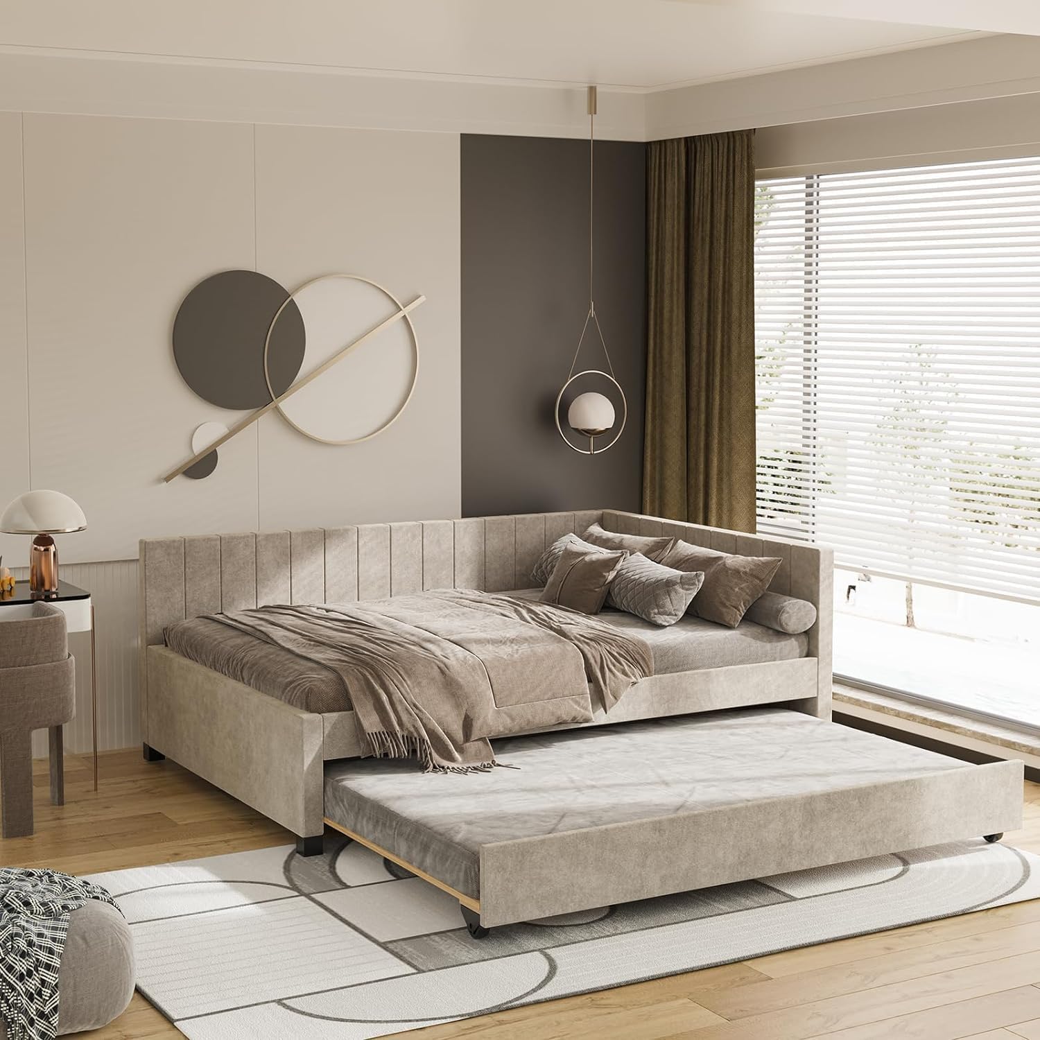 Upholstered Full Size Daybed with Trundle,Sofábed Design Bedframe w/Linen Fabric & Wood Slat Support,No Box Spring Needed & Easy Assemble,Perfect for Small Space,Bedroom,Guest Room, Beige