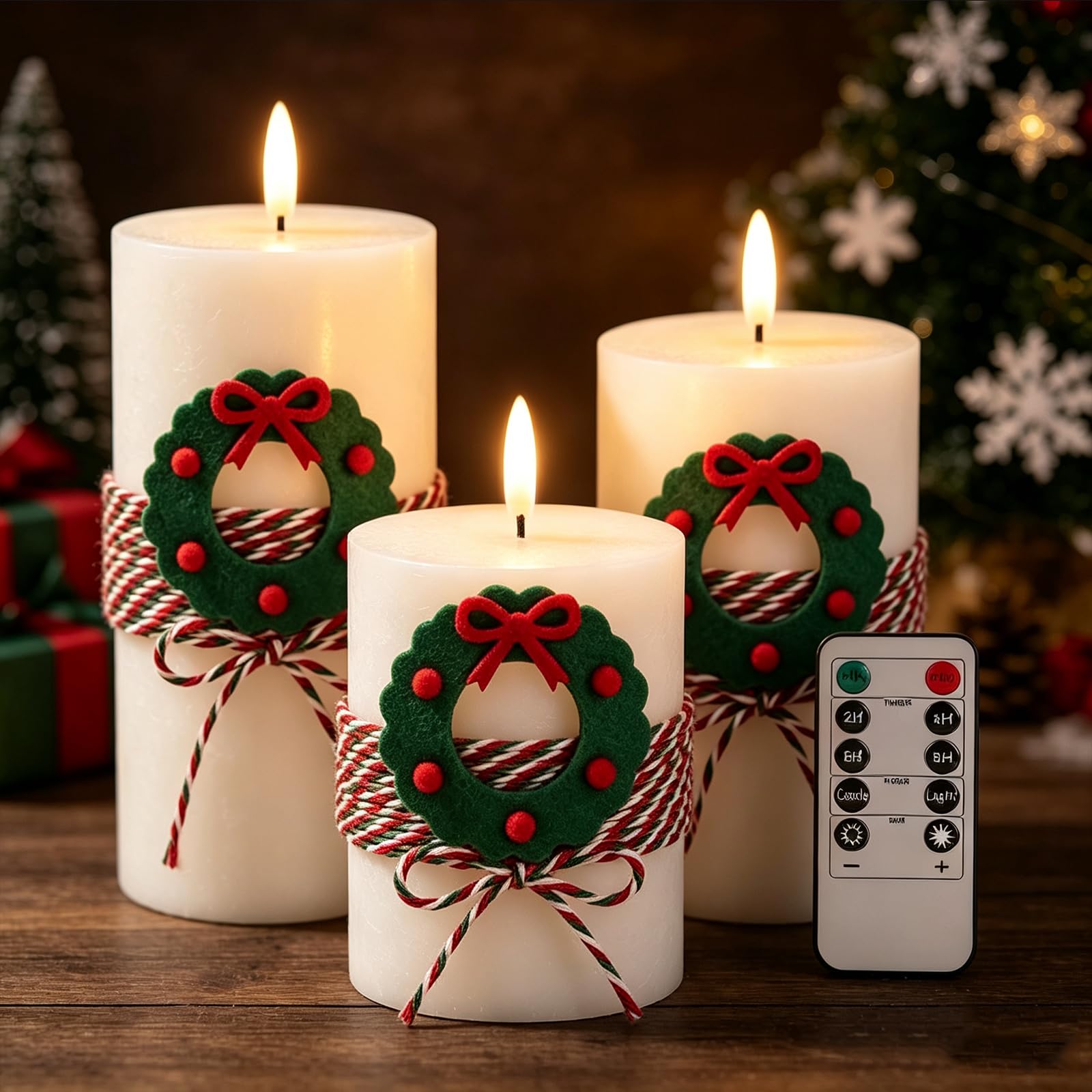 Flameless Votive Candles, 3 Pcs Flickering Flameless Maple Leaf Candle Lights with Remote & Timer, Battery Operated LED Candle Lights for Halloween Christmas Wedding (White-Christmas)