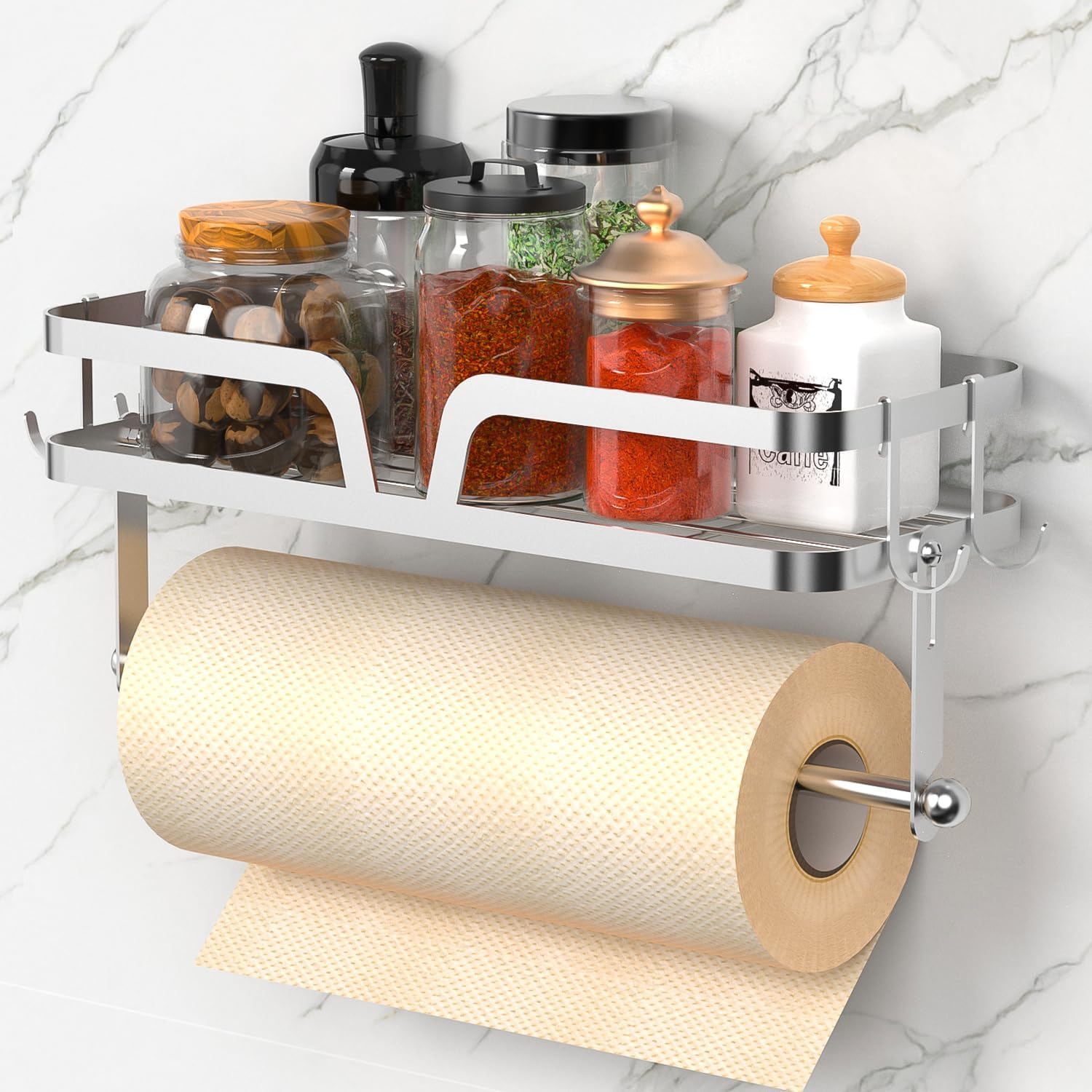Taozun Paper Towel Holder with Shelf, Kitchen Paper Holder Wall Mount Spice Rack Paper Towel Roll Holder with 4 Hooks (2 Installation Methods - Self-Adhesive and Drilling), Silver