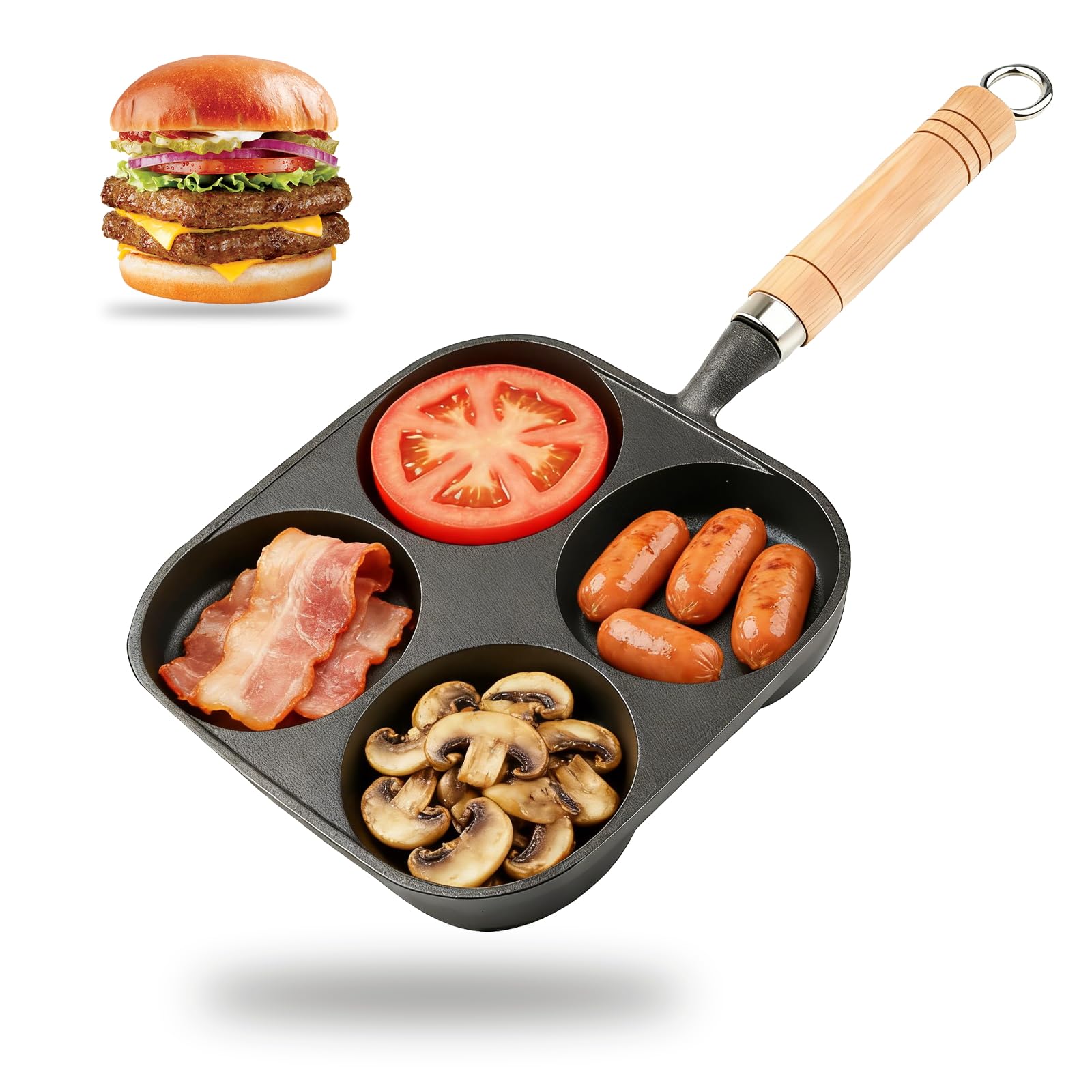 TOTITOM 4 Hole Frying Pan Egg Pan, Cast Iron Egg Pan, Cast Iron 4 Cup Egg Frying Pan with Wooden Handle, Non Stick Egg Cooker Pan for Breakfast