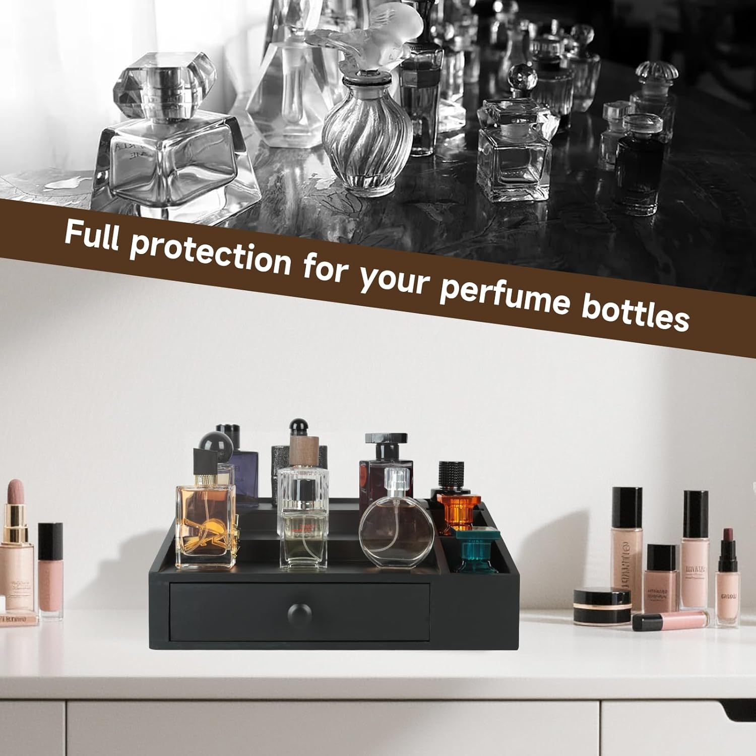 3-Tier Wooden Cologne Organizer with Drawer & Side Storage - Cologne Display Stand with Velvet Lining for Men & Women, Bedroom and Bathroom Vanity Storage Black