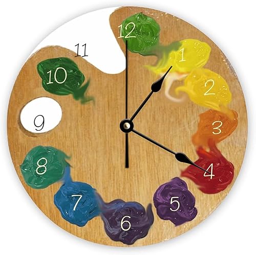 Mighun Reloj de pared decorativo, silencioso, sin tictac, rueda de colores con números, redondos, modernos, relojes de madera para dormitorio, sala