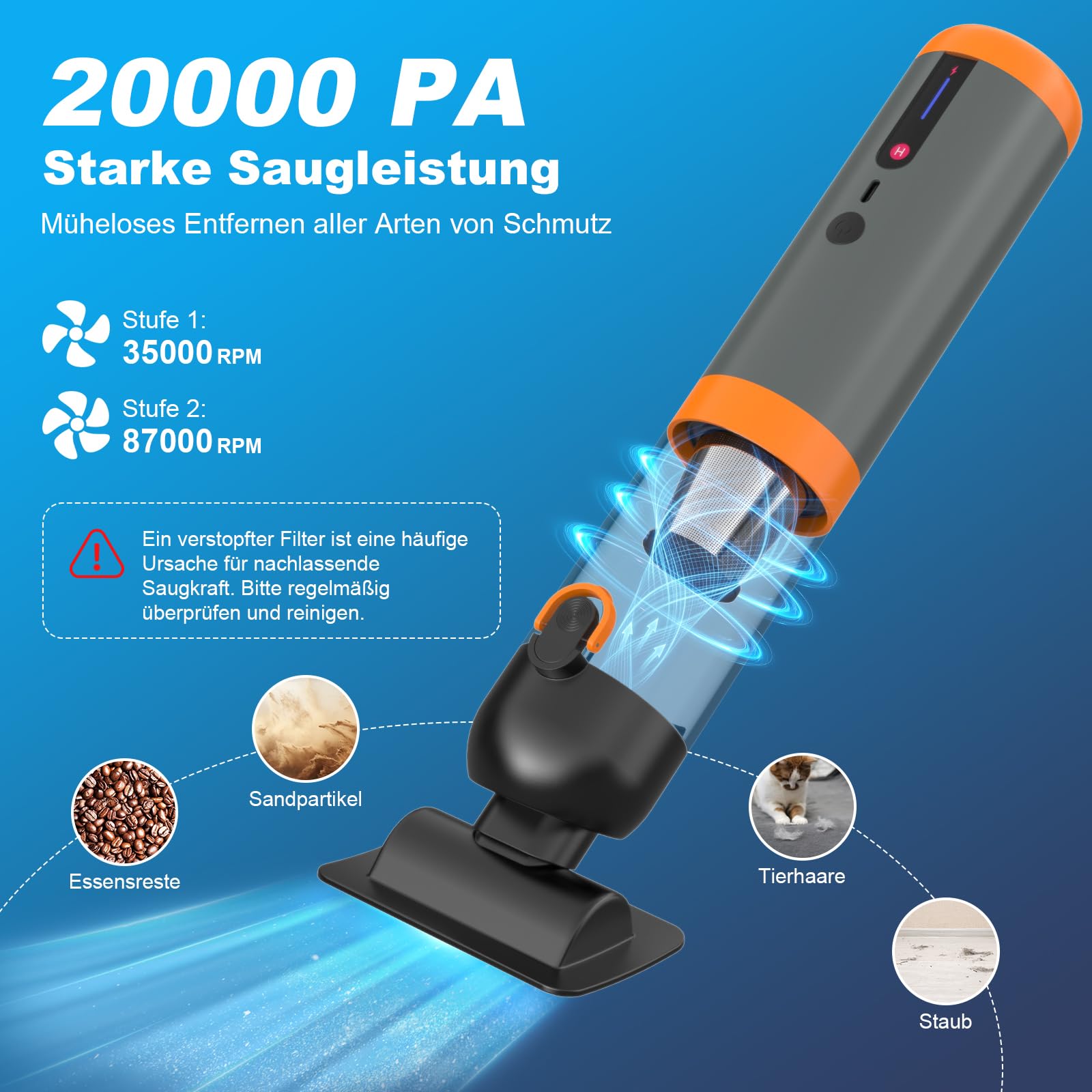 Aspirateur à Main sans Fil 4-en-1, 20kPa Aspirateur Voiture Puissant, Moteur sans Balai 87000 TR/Min, avec Affichage LED, 2 Modes de Succion, Aspirateur Compact pour Voiture, Bureau, Clavier & Maison