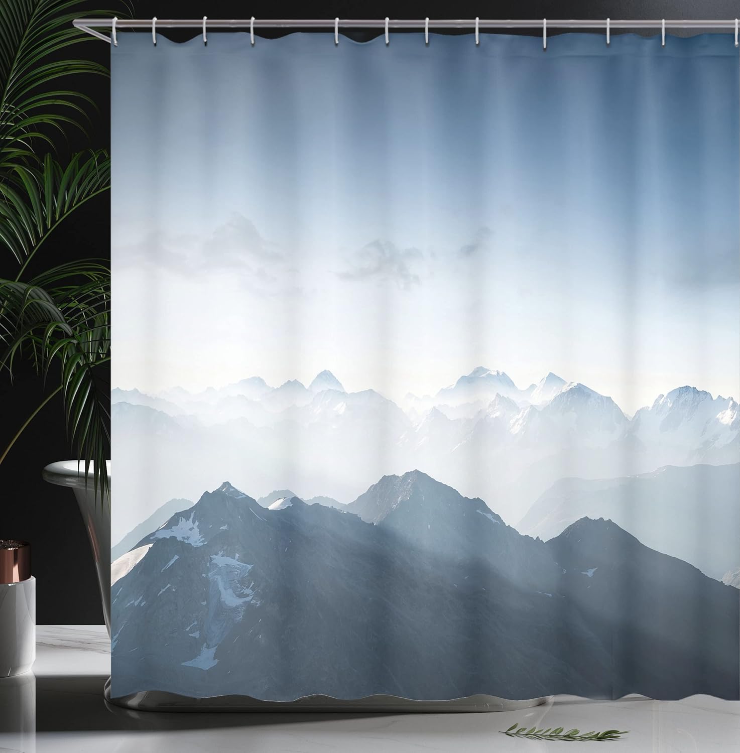 Ambesonne Mountain Shower Curtain, Foggy Scenic Morning in Rock Mountain Region in Northern Hiking Climbing Ice Photo, Cloth Fabric Bathroom Decor Set with Hooks, 69" W x 70" L, Pale Blue