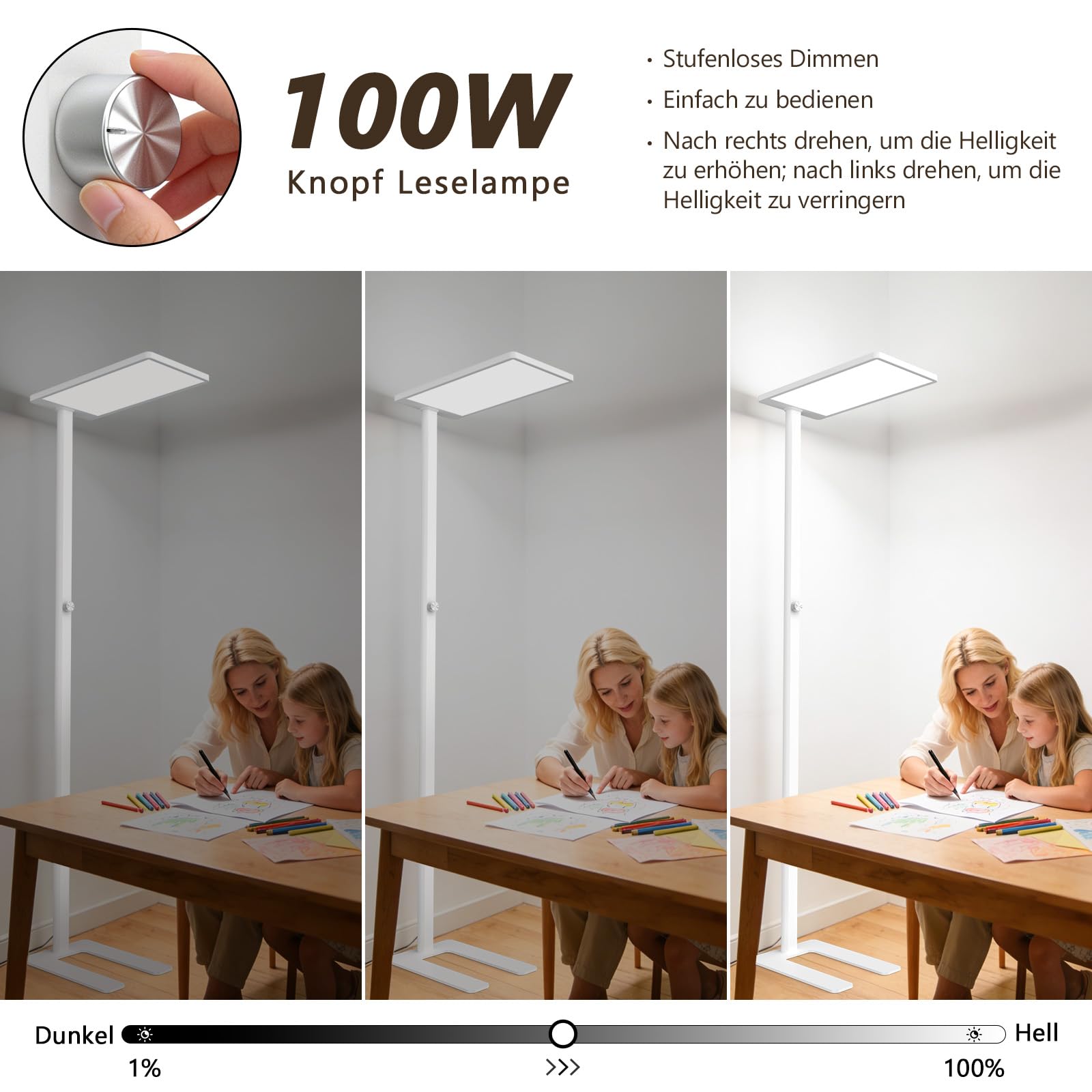 LES FLEURS 100W LED Stehlampe,9000lm Vollspektrum Augenpflege Leselampe, 195cm Stehlampe Dimmbar mit 4000K natürlichem Tageslicht, Stehlampe Wohnzimmer, Stehleuchte für Schlafzimmer, Studien und Büro