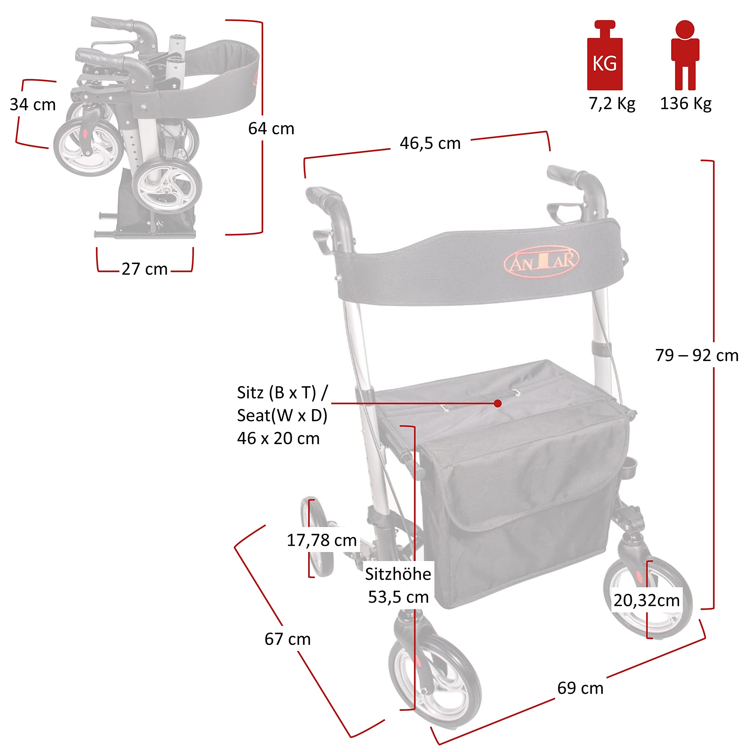 Antar AT51006 Alluminio Pieghevole Camminatore 8 kg, Argento