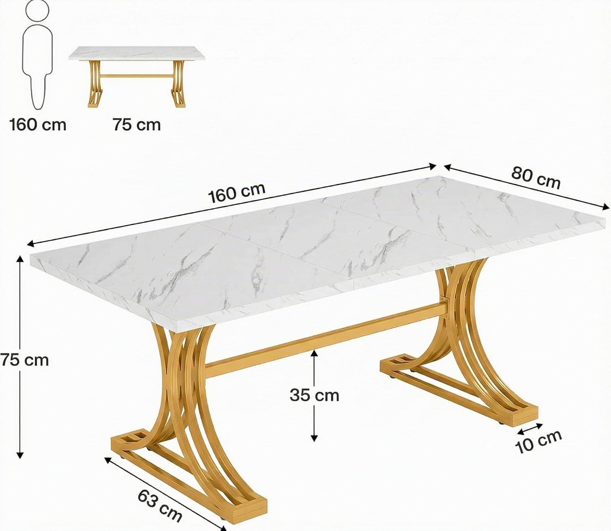 Lailang 160cm Escritorio, Mesa Escritorio Industrial, Mesa Ordenador E Impresora, Escritorio Roble, Mesa Comedor de 160 x 80 x 80 Cm, Mesa Oficina Grande, 160 x 80 x 75 cm, Blanco Y Oro