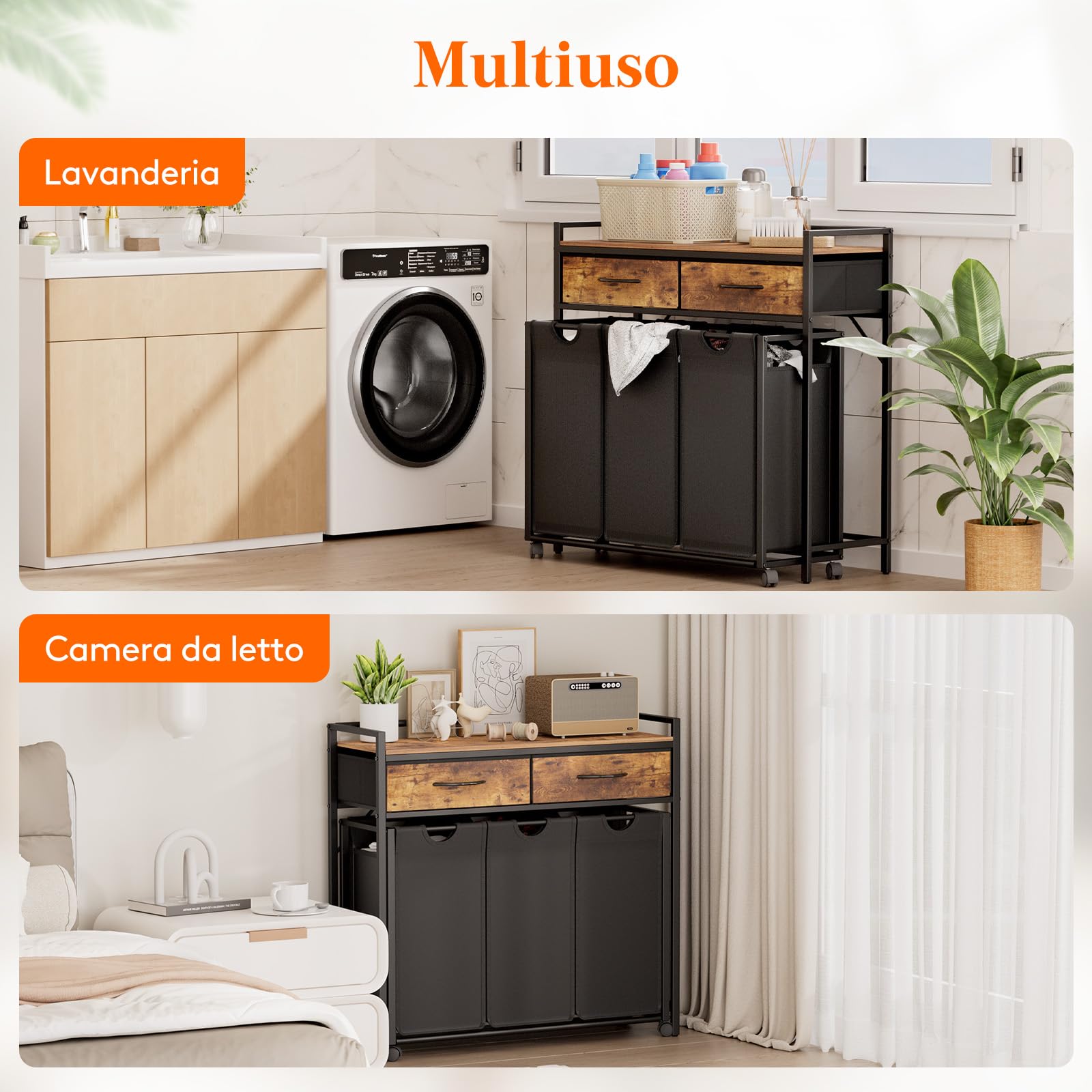 Lifewit Cesto Portabiancheria 3 Scomparti con Ruote 135L, Mobile Biancheria Sporca con 2 Cassetti e 3 Sacco Porta Biancheria in Tessuto Oxford per Lavanderia, Camere da Letto, Bagno, Nero