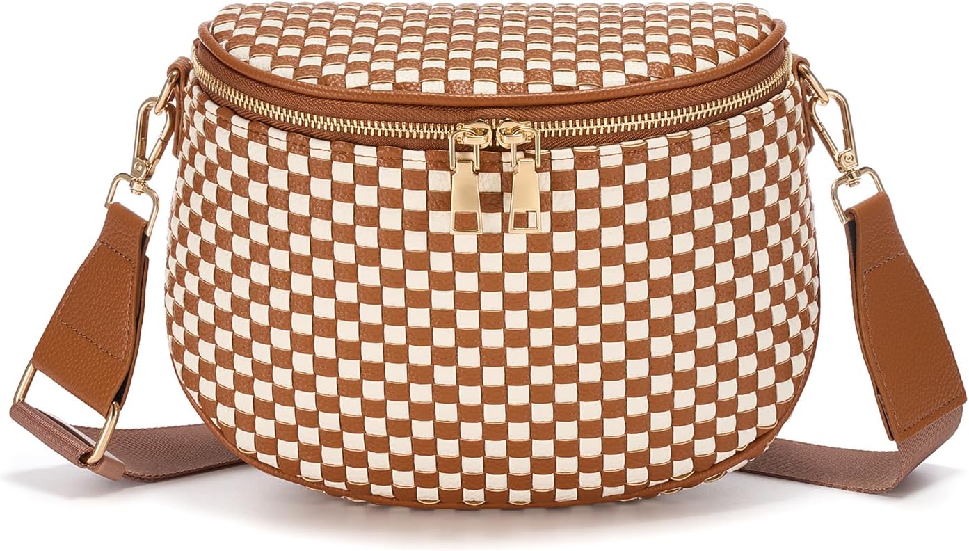 Woven Vegan leather Crossbody Bags For Women, Checkered Fashion PU Bum Bag Waist Pack, Travel Sling Purse with Adjustable Strap（Brown and White)