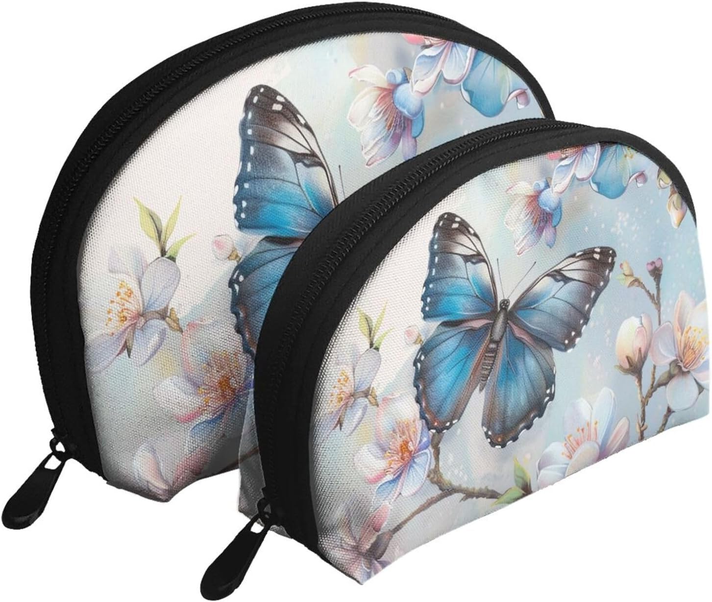 Blue Butterfly Print Shell-Shaped 2-Piece Makeup Bag Set Travel Cosmetic Organiser Stylish Storage for Beauty & Gifts for Women Girls, Blue Butterfly on Blossom Flower, One Size, Make-Up Pouch