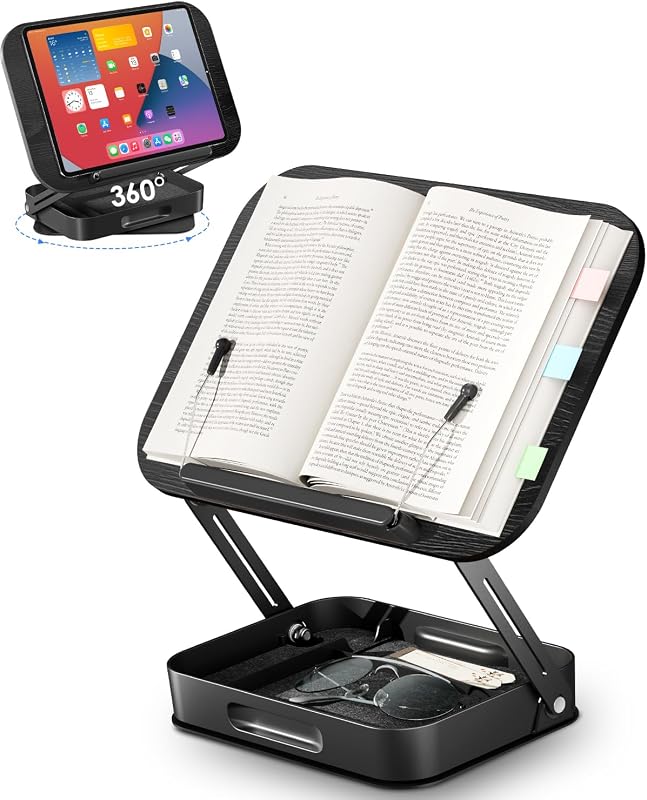 Viozon 360° Rotating Ergonomic Book Stand for Reading - Adjustable Wood Book Holder for Neck Pain Relief, for Heavy Textbooks & Cookbooks, No-Assembly Hands-Free Stand for Students & Home Office B