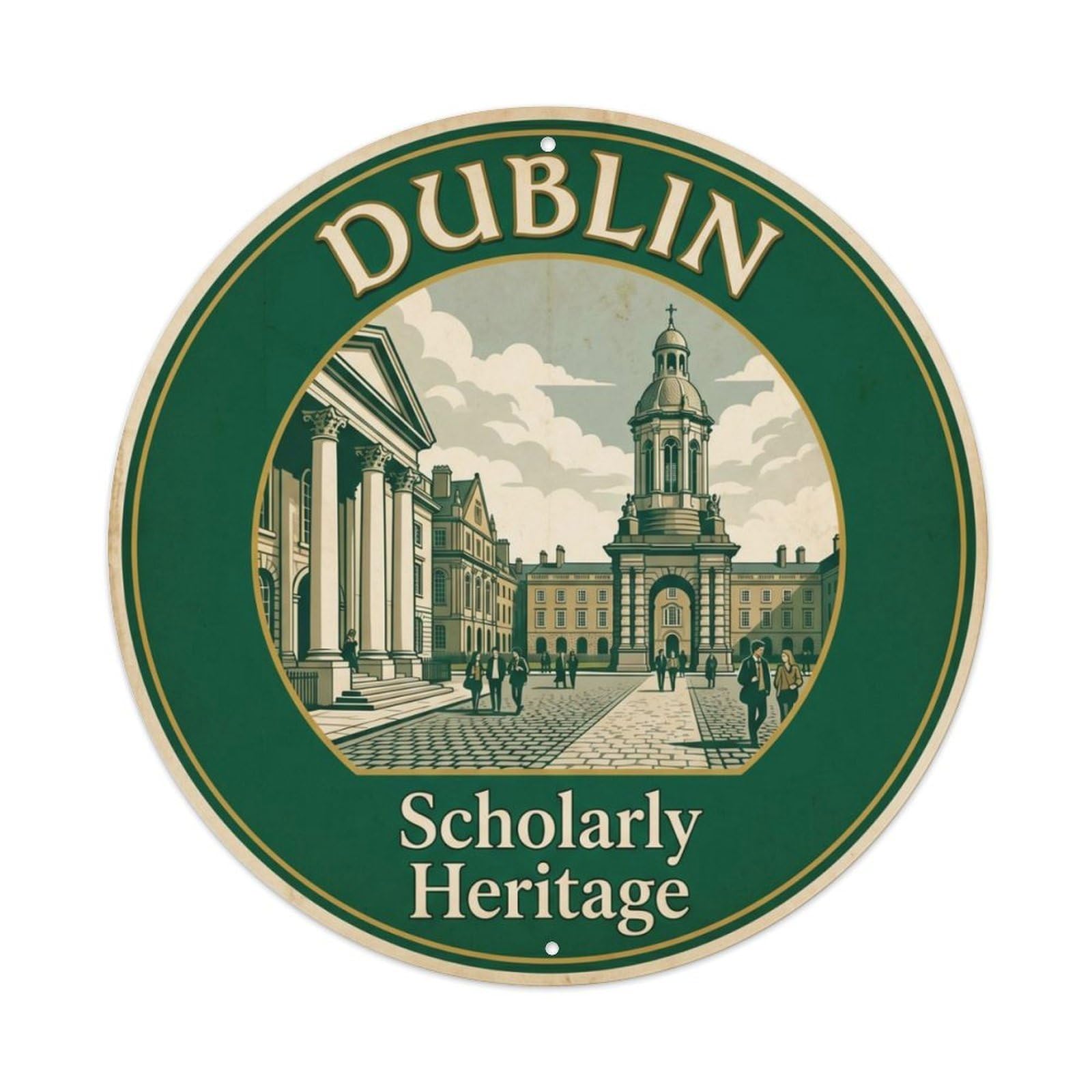 Vintage Travel Dublin Trinity College Metal Tin Sign Plaque Wall Decor for Cafe, Club Bar, Office, Home Garden Round Metal Poster 8x8Inch