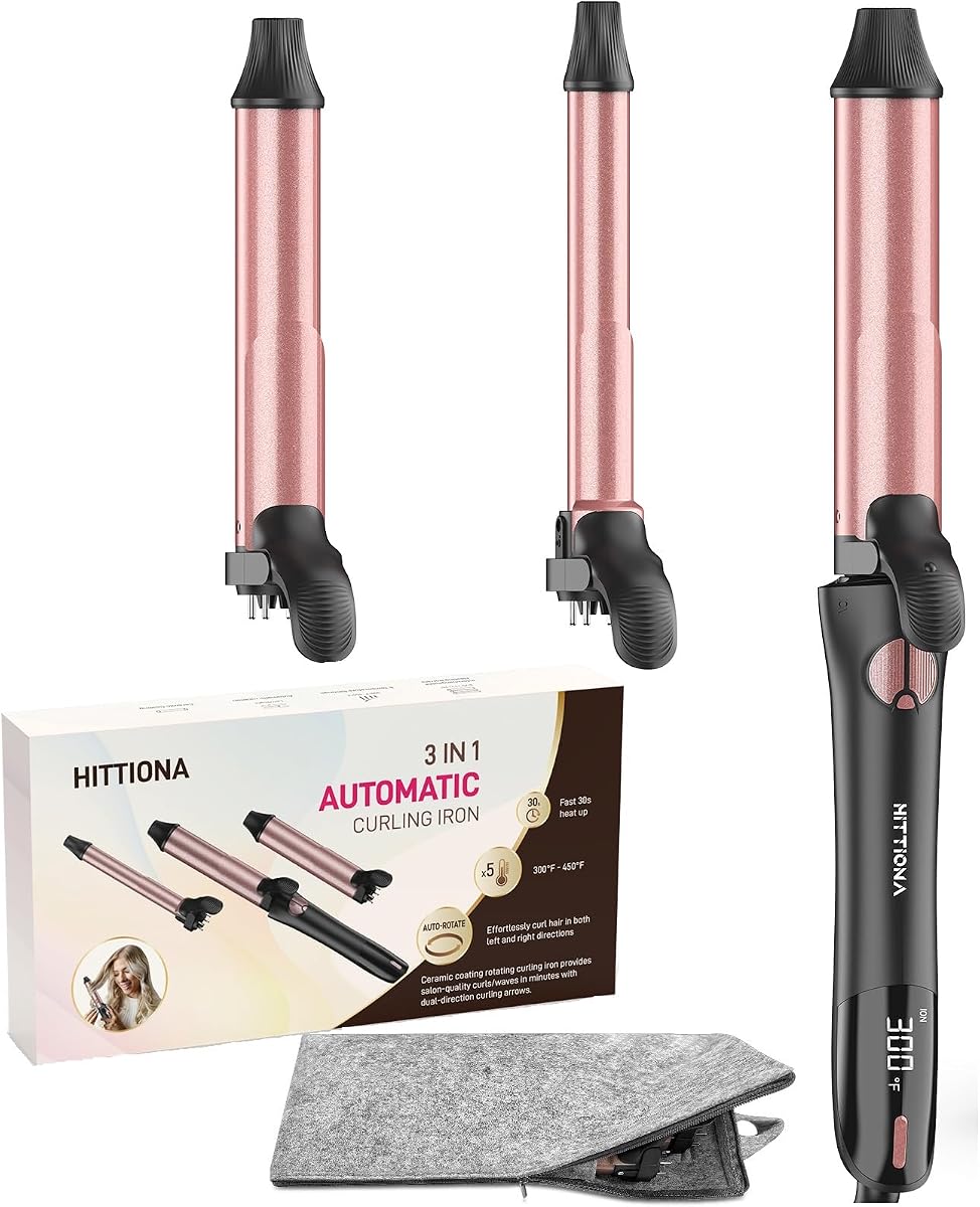 Rotating Curling Iron - 3 in1 Automatic Curling Iron with Interchangeable CurlingWand, 3/4, 1 1/4, 1 Inch CurlingIron for Lasting Beach Waves, Adjustable Temp, Instant Heat, Dual Voltage (Black)